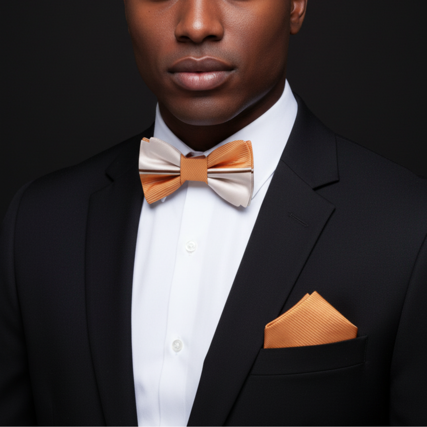 Man wearing orange and beige stripe two tone bow tie and orange square 