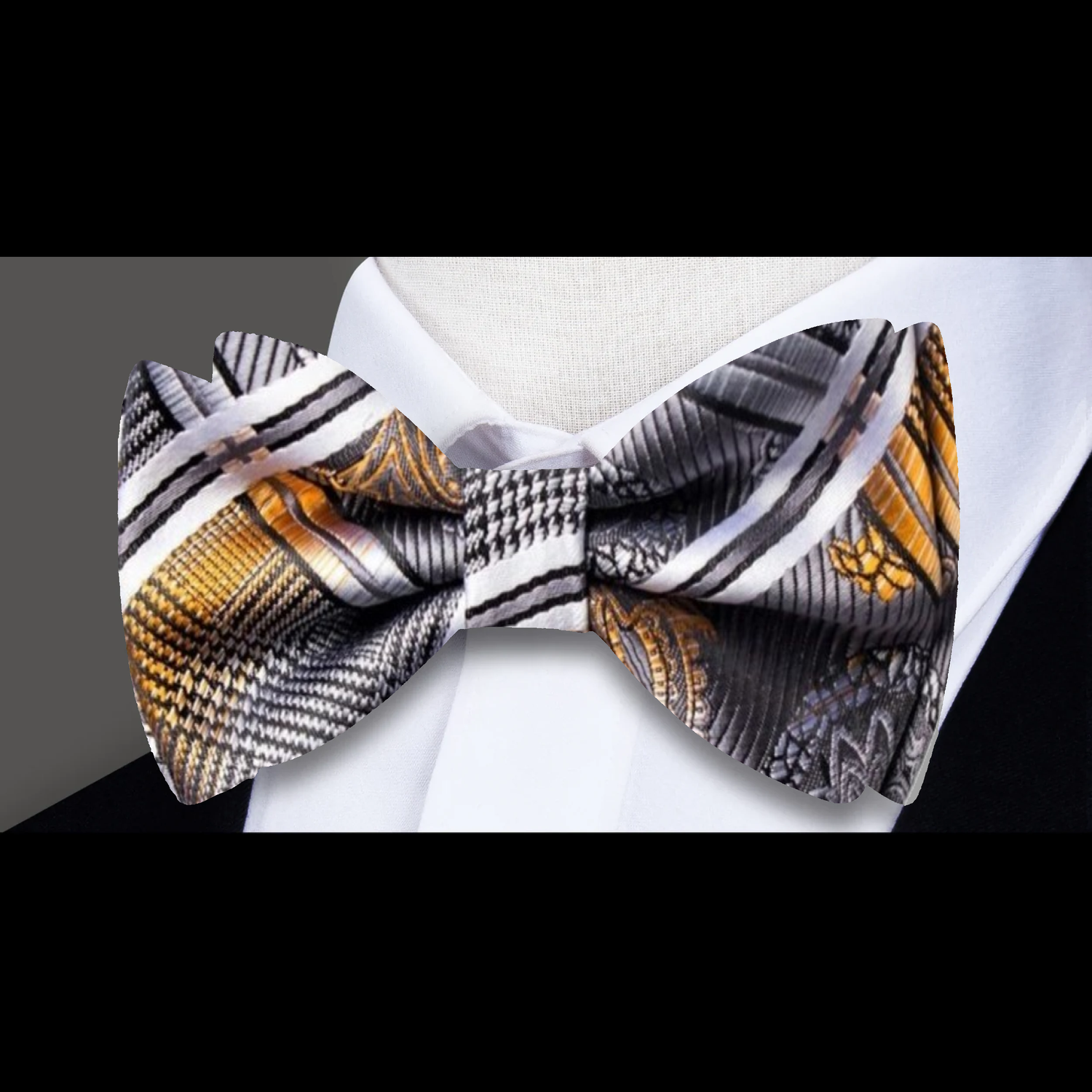 A Silver, Black, Orange Geometric and Paisley Pattern Self Tie Bow Tie