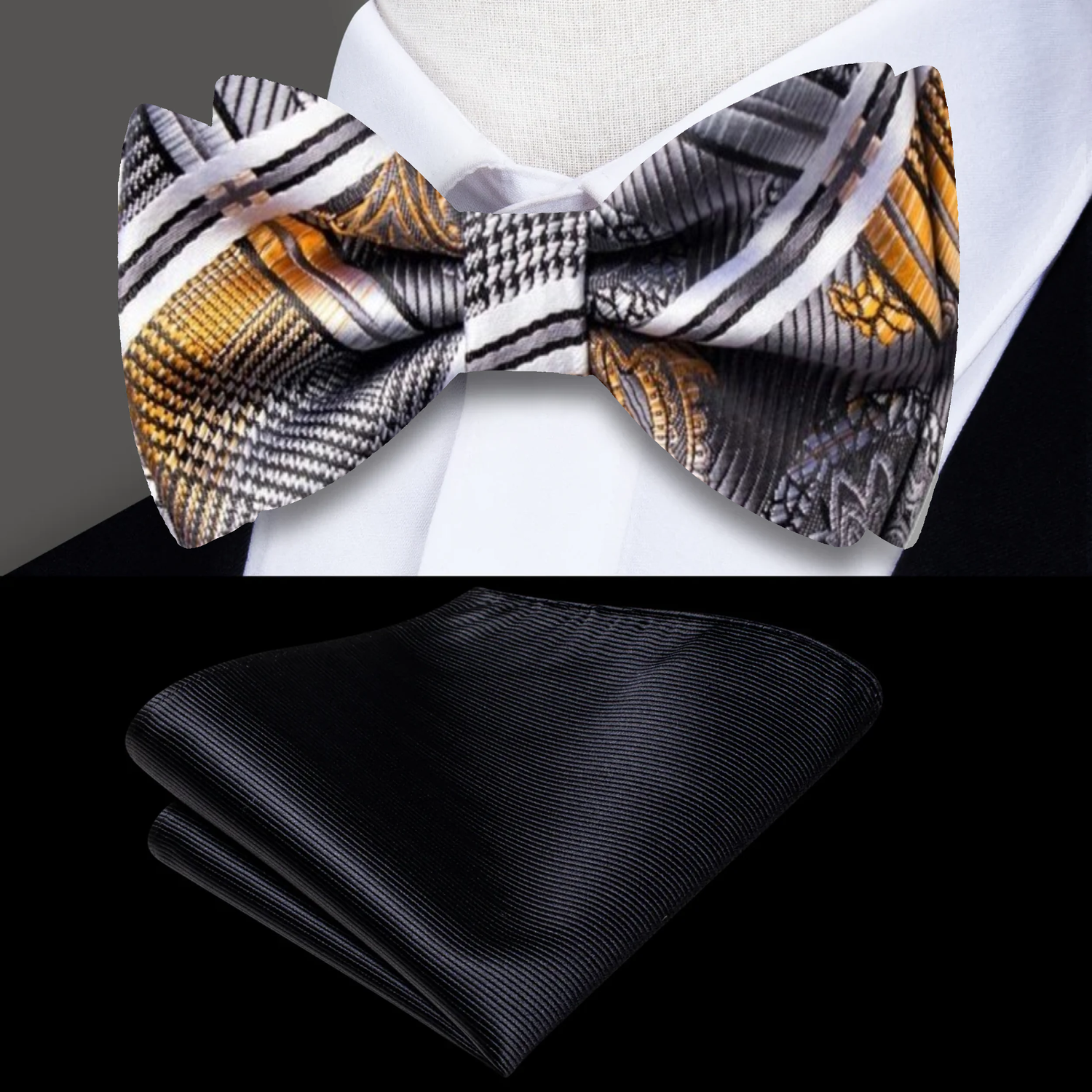 Grey, Black, Orange Paisley Bow Tie and Square