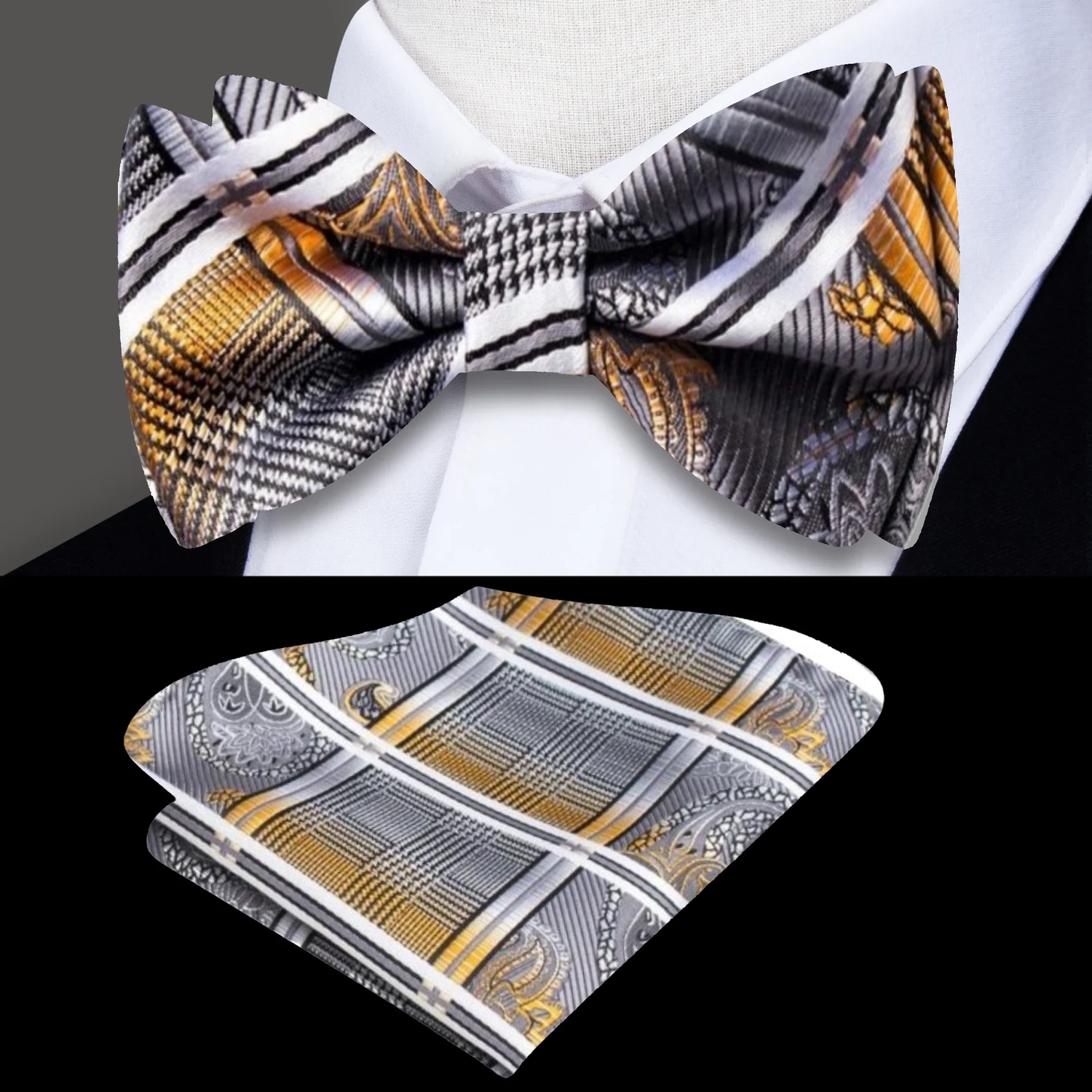 Silver and Orange Crest Bow Tie and Square