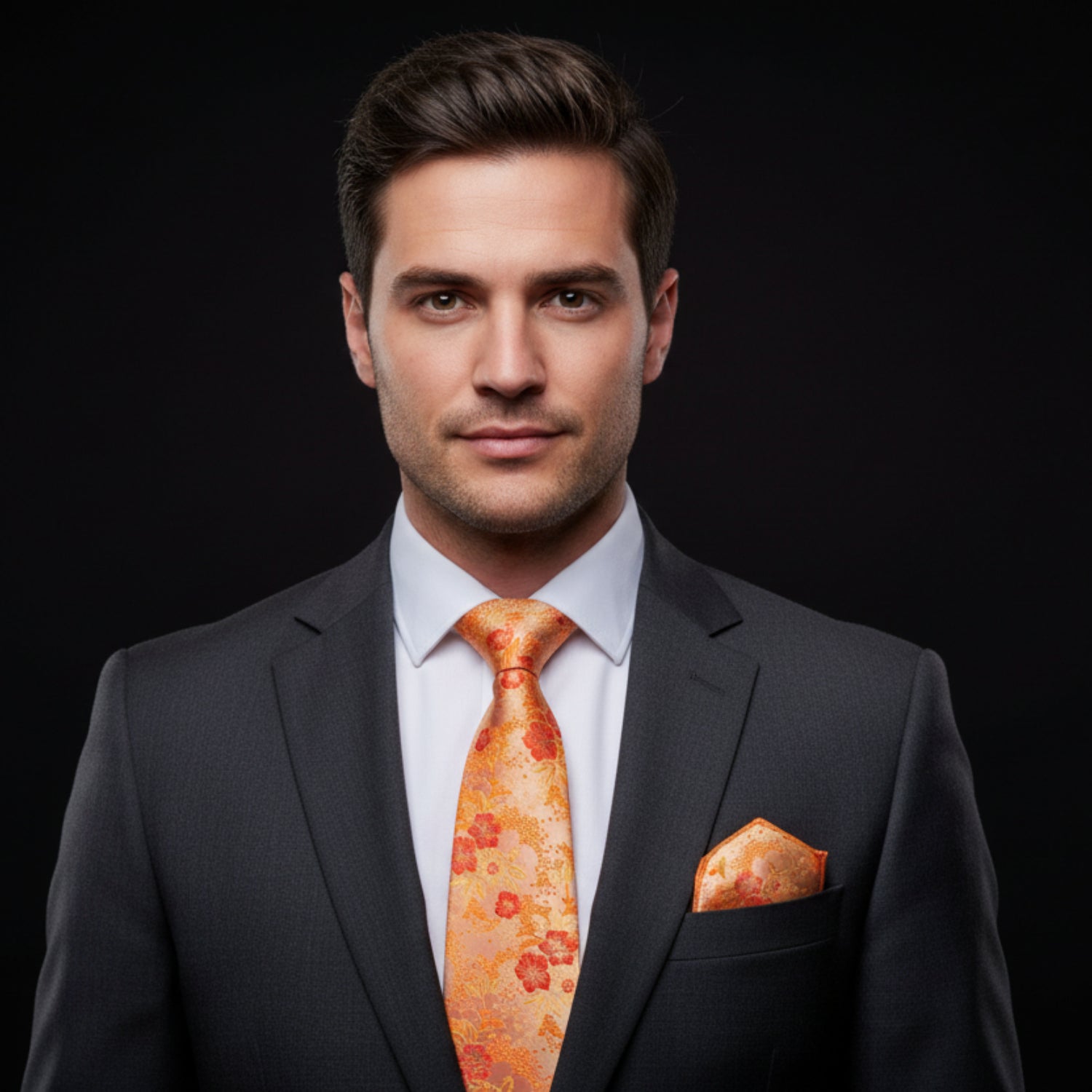 Man wearing a dark suit with an orange tie and pocket square on a black background