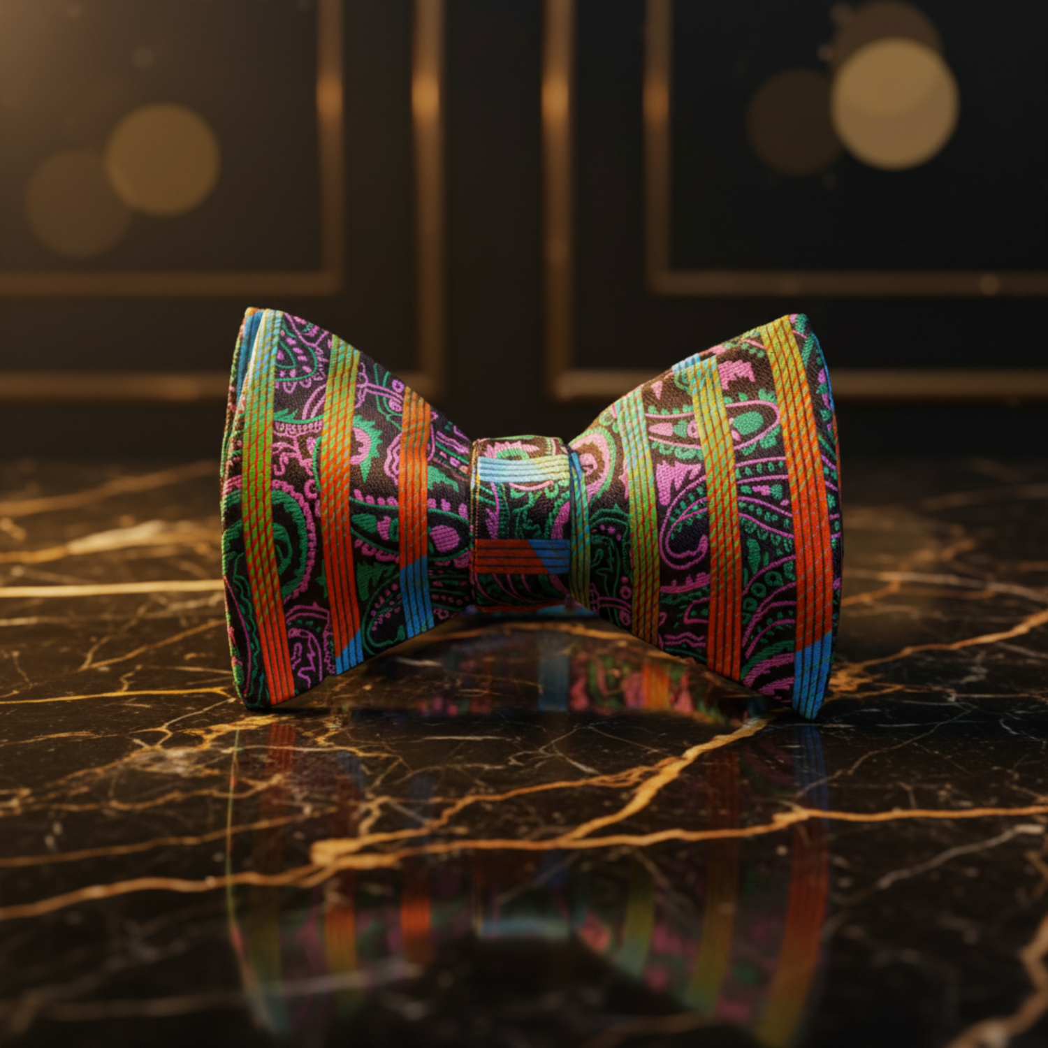 Colorful patterned bow tie on a white background