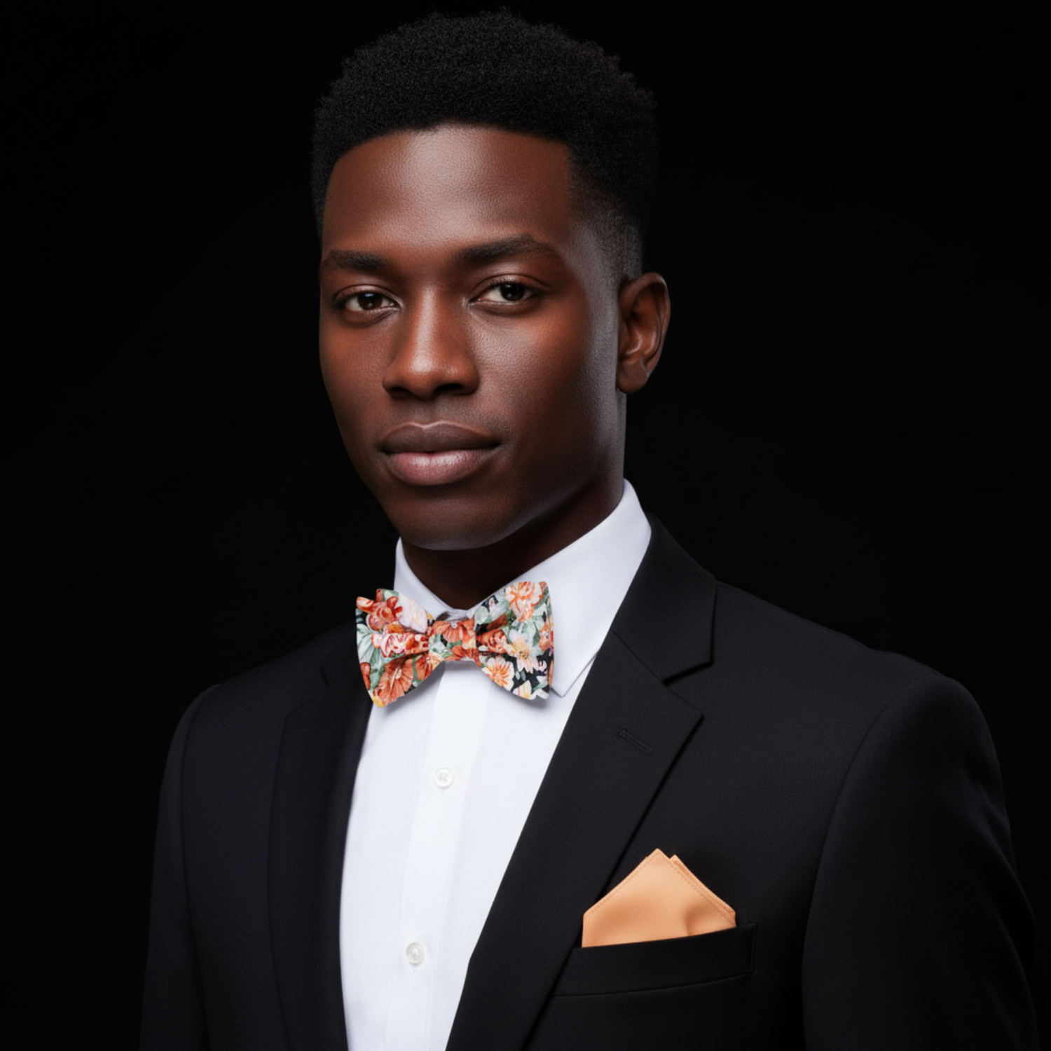 Orange, Green, Brown & White Sketched Mixed Flowers Bow Tie
