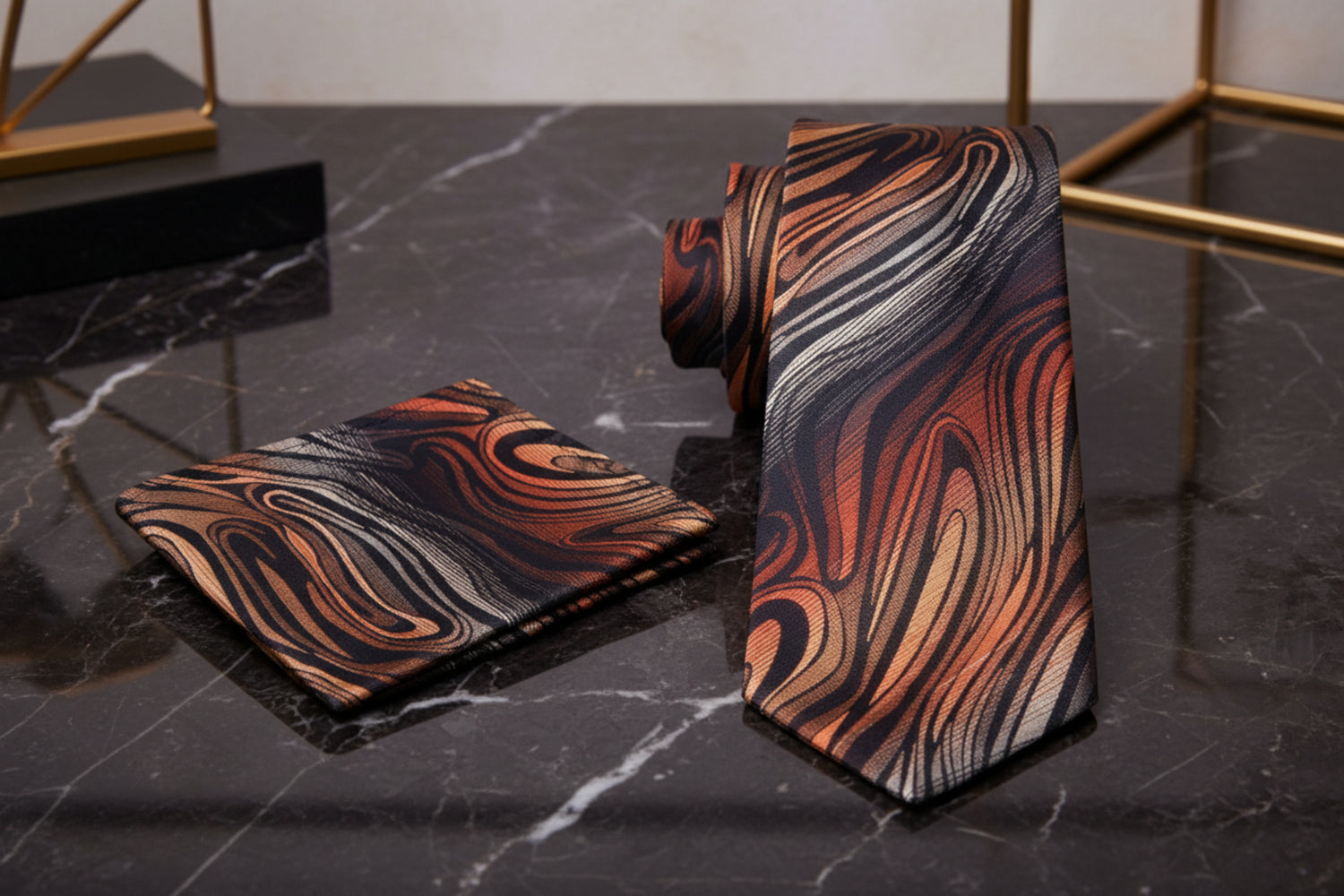View 2: Orange, Black, Grey Abstract Tie and Matching Square