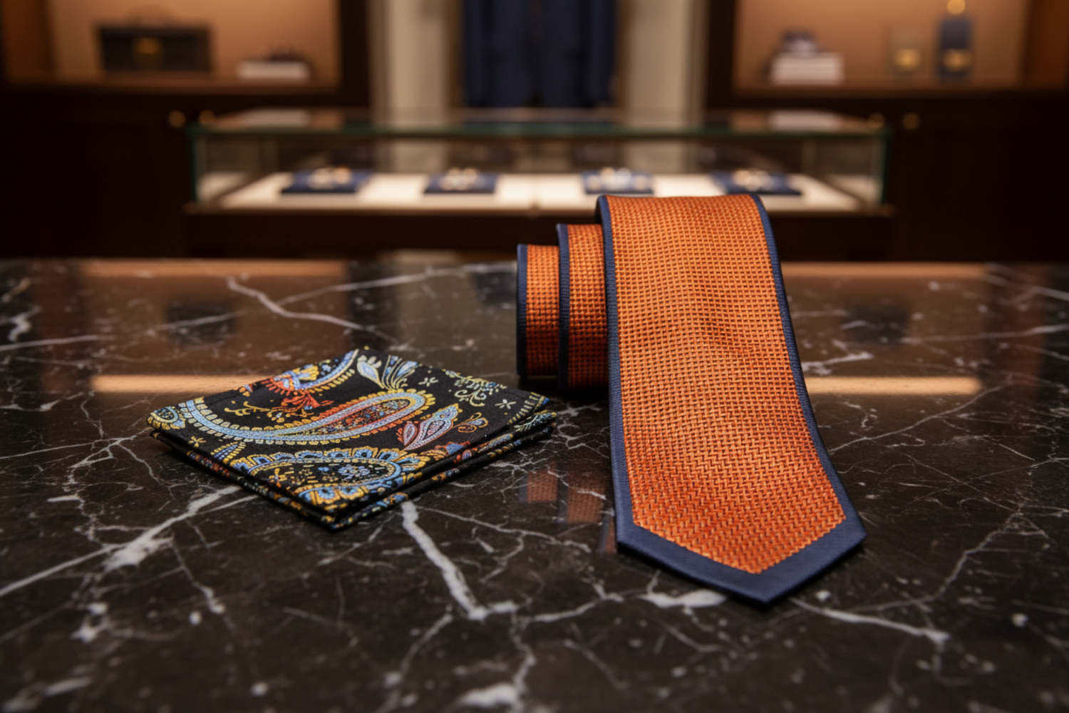 View 2: Orange with Crosshatch texture and grey border pattern necktie and accenting pocket square