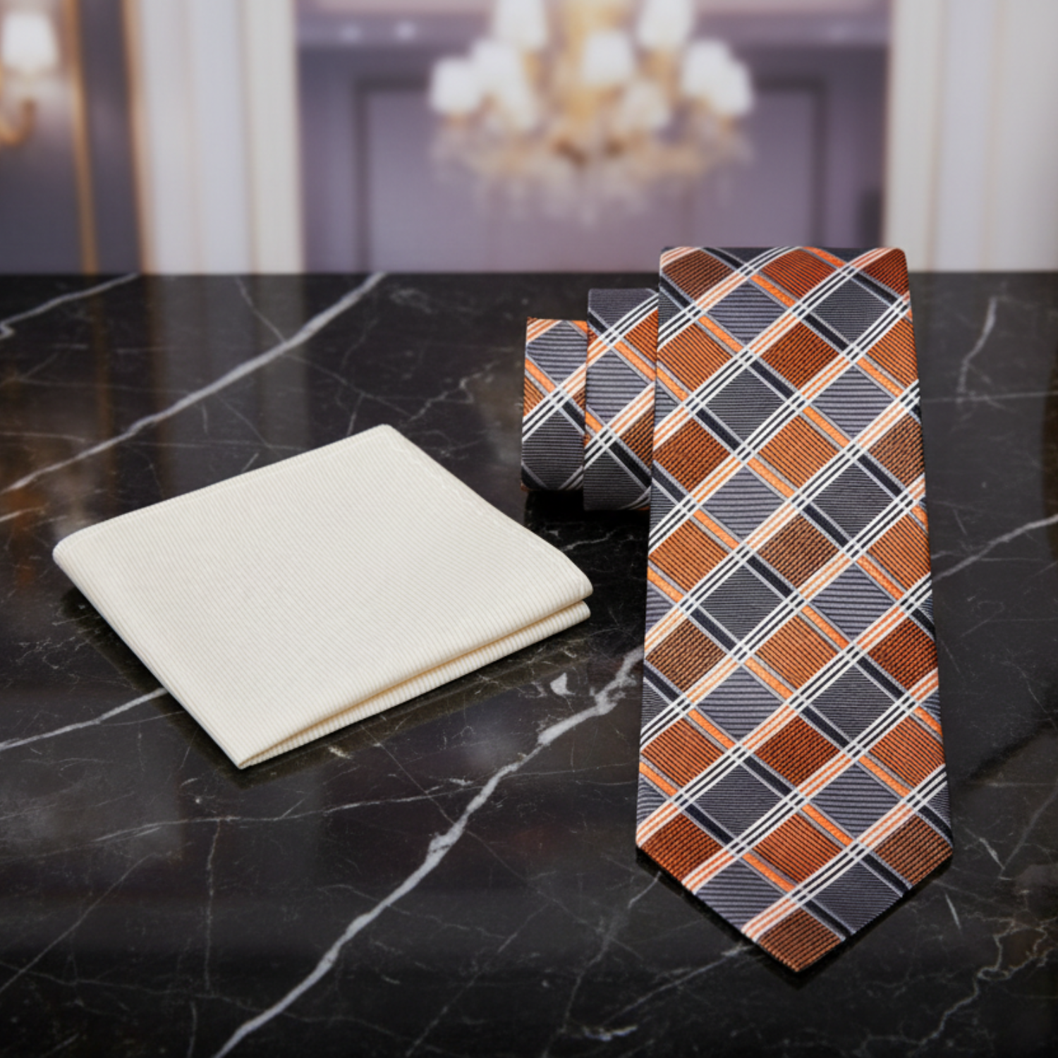 Orange and grey plaid tie and pocket square set  