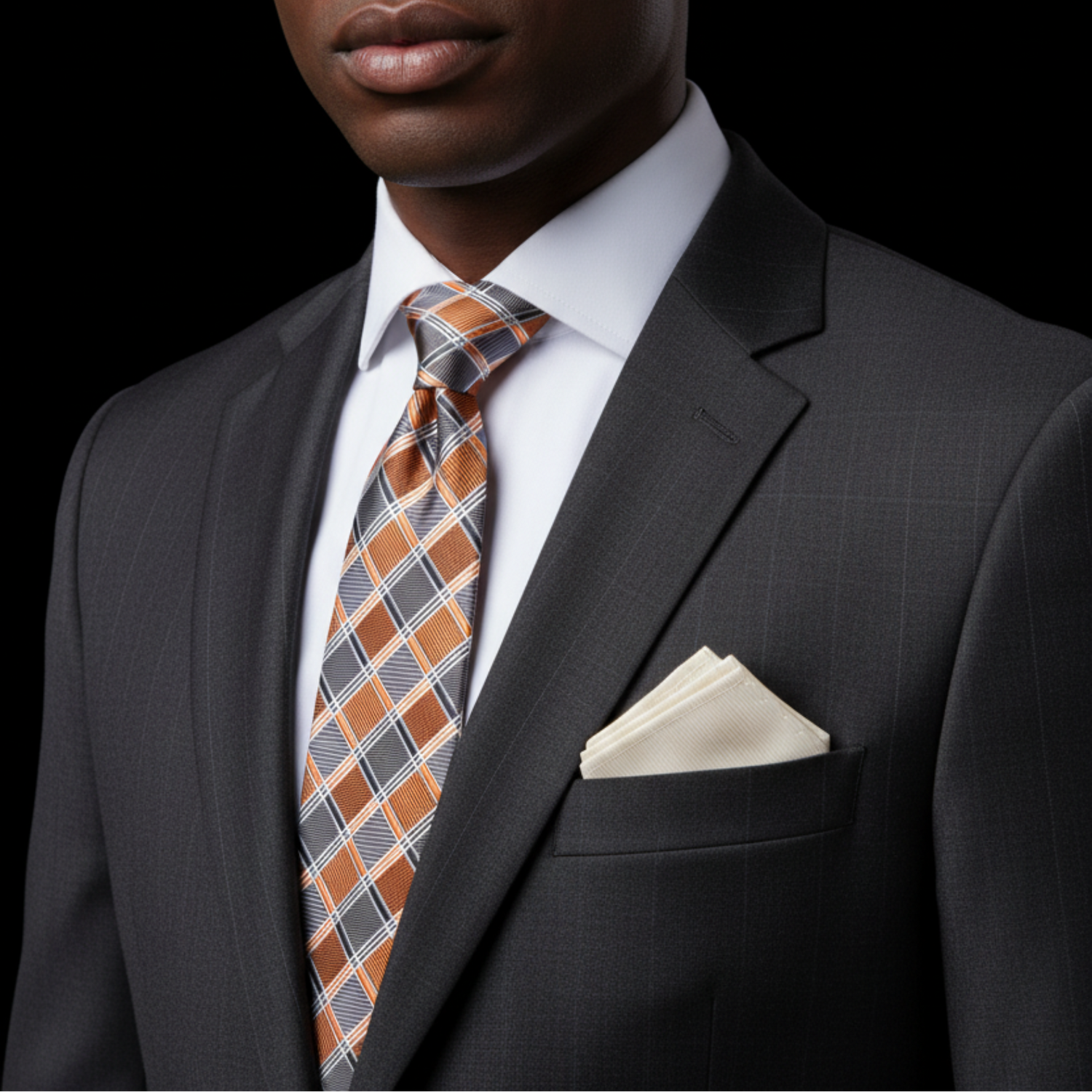 Man wearing a dark suit with a orange and grey patterned tie and white shirt against a black background