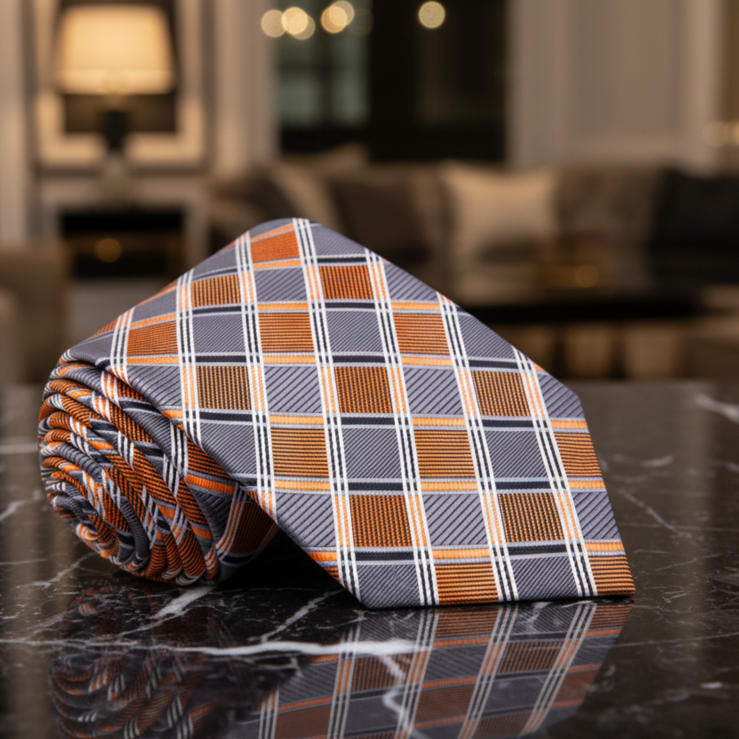 Plaid tie with orange and gray pattern 