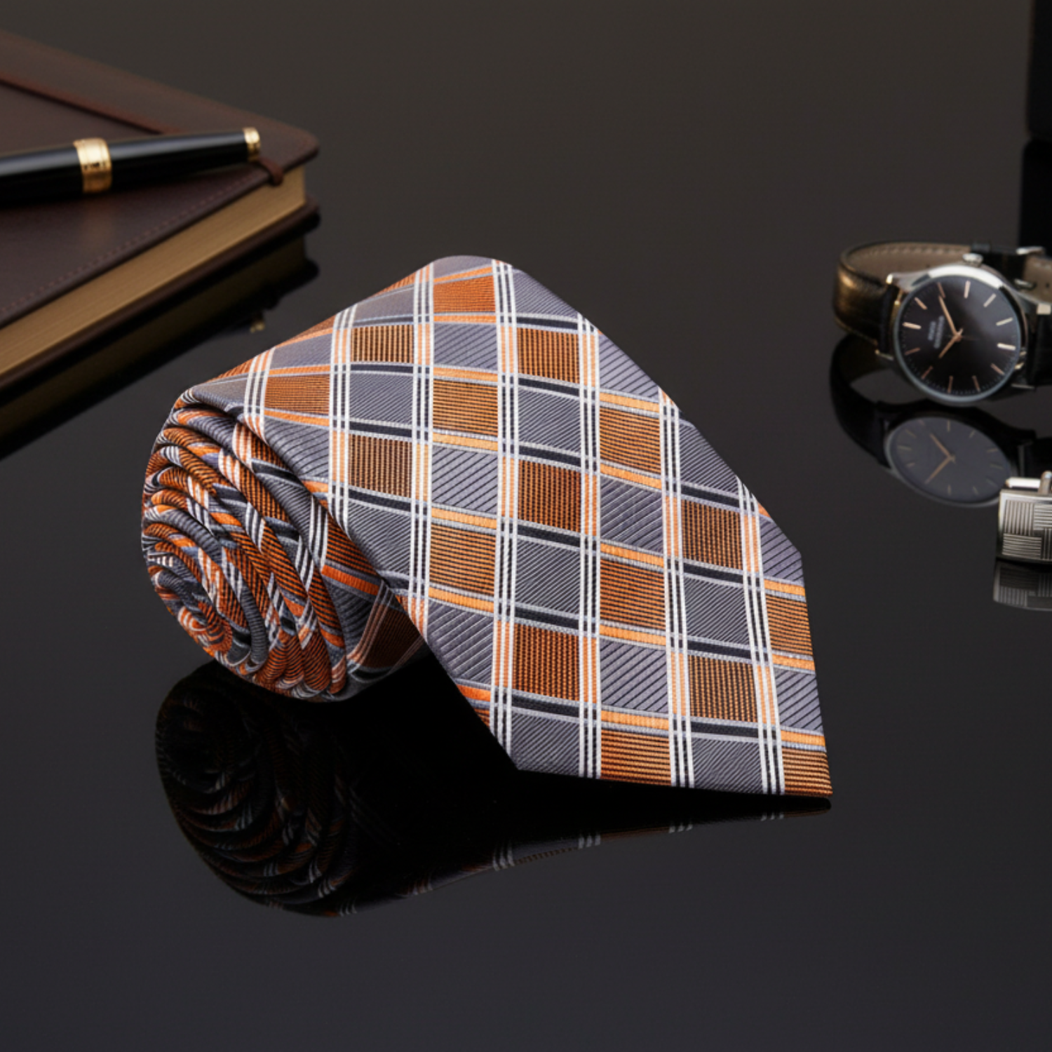 Rolled-up grey and orange plaid tie on a reflective surface with a pen, notebook, and watch in the background.