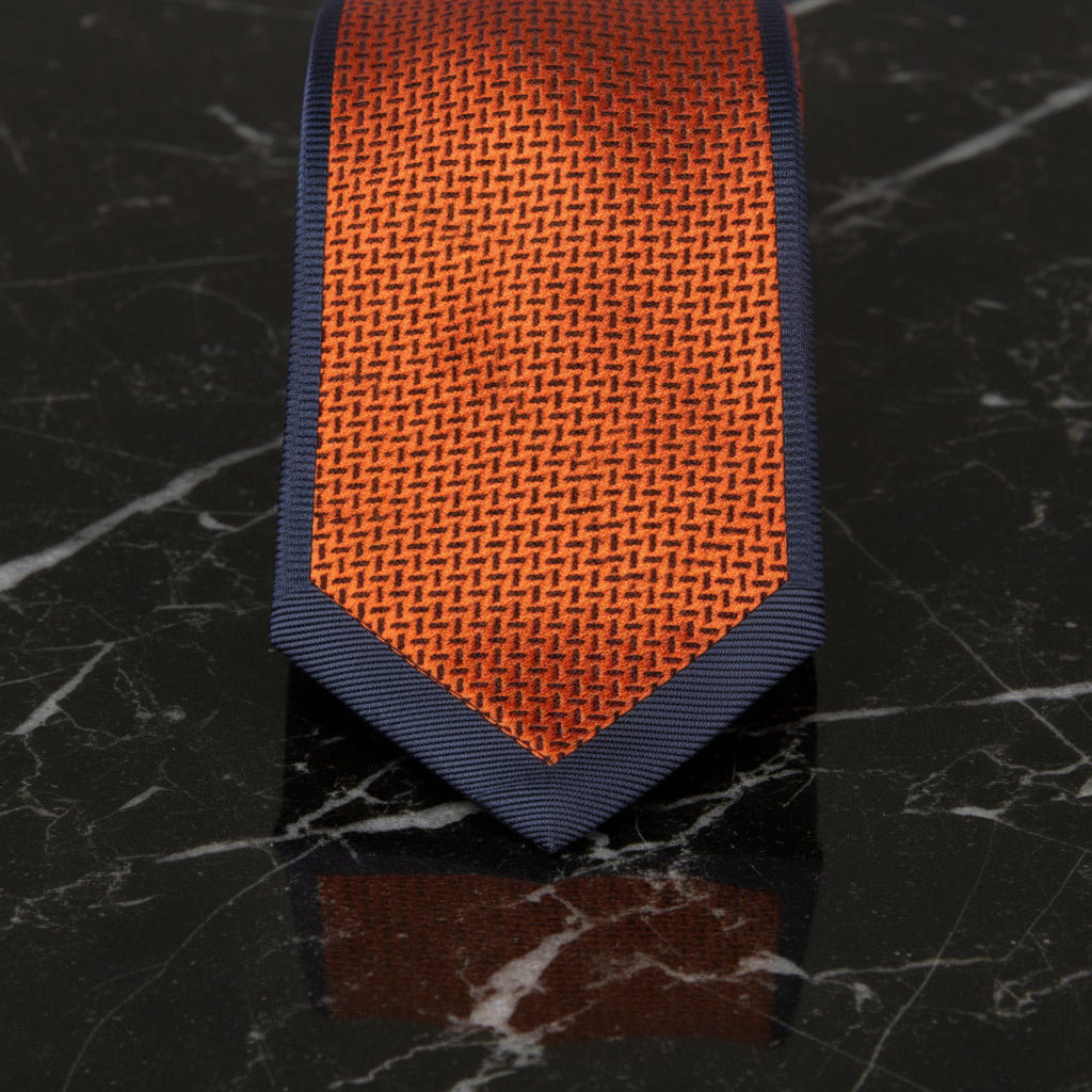 Orange with Crosshatch texture and grey border pattern necktie view 2
