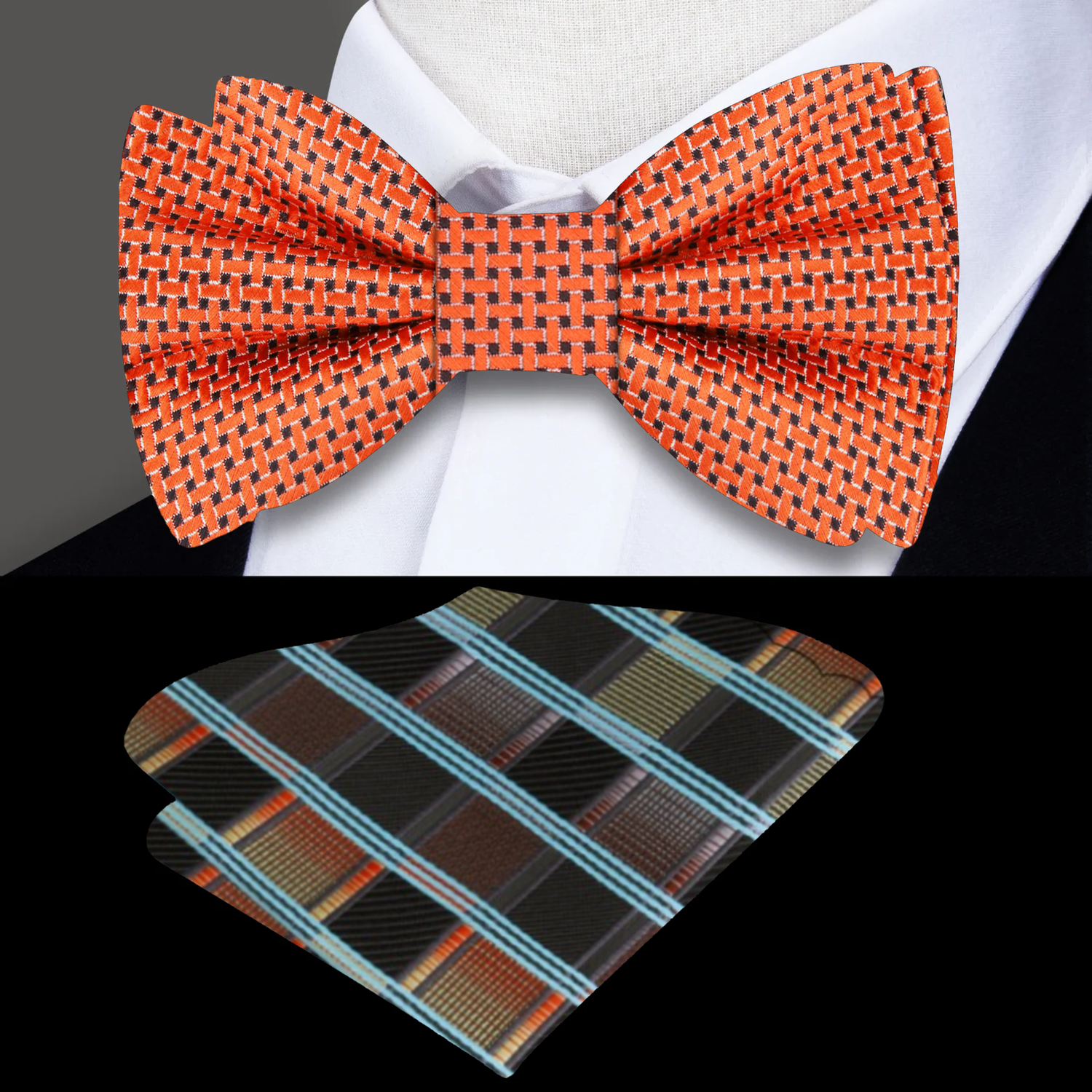 Orange and Brown Geometric Bow Tie and Accenting Pocket Square