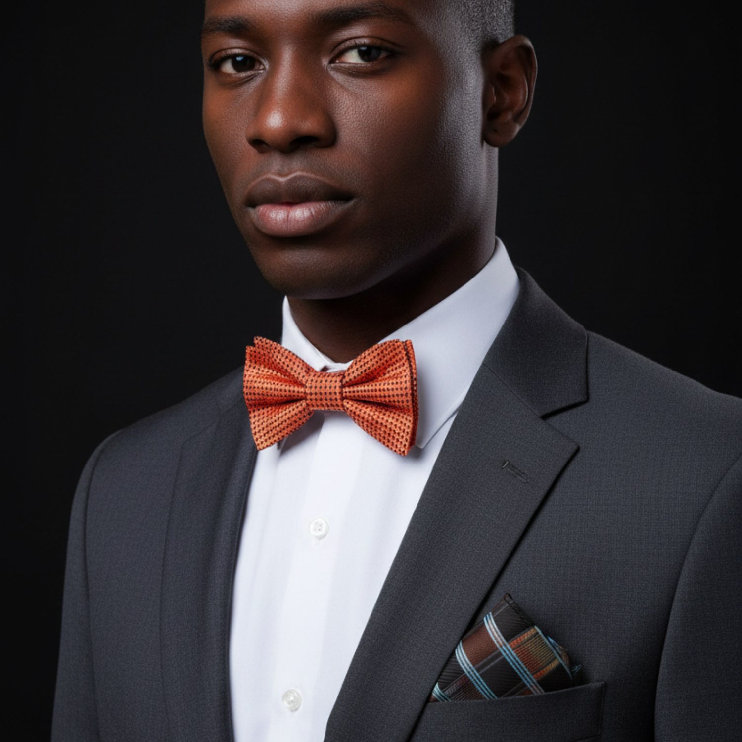 Man Orange and Brown Geometric Bow Tie and Accenting Pocket Square