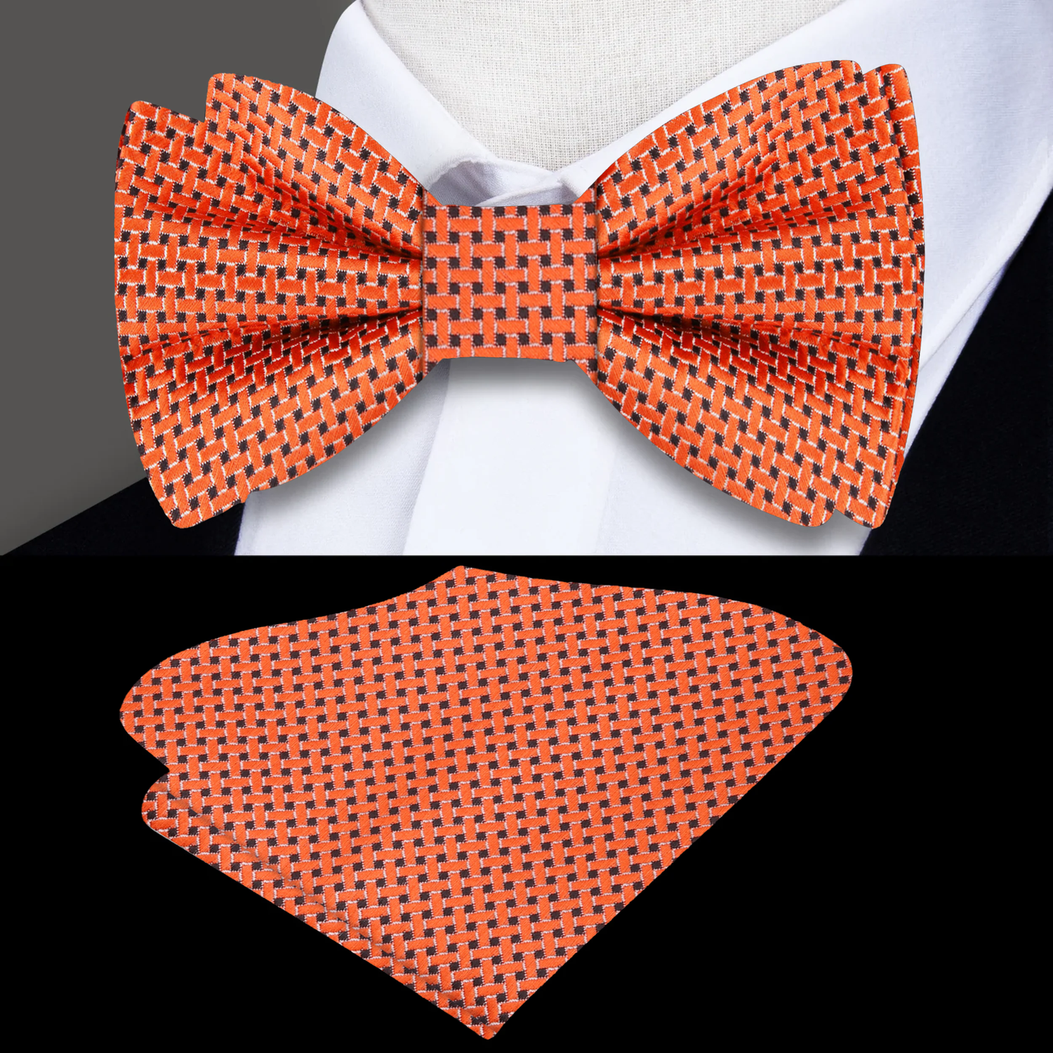Orange and Brown Geometric Bow Tie and Pocket Square