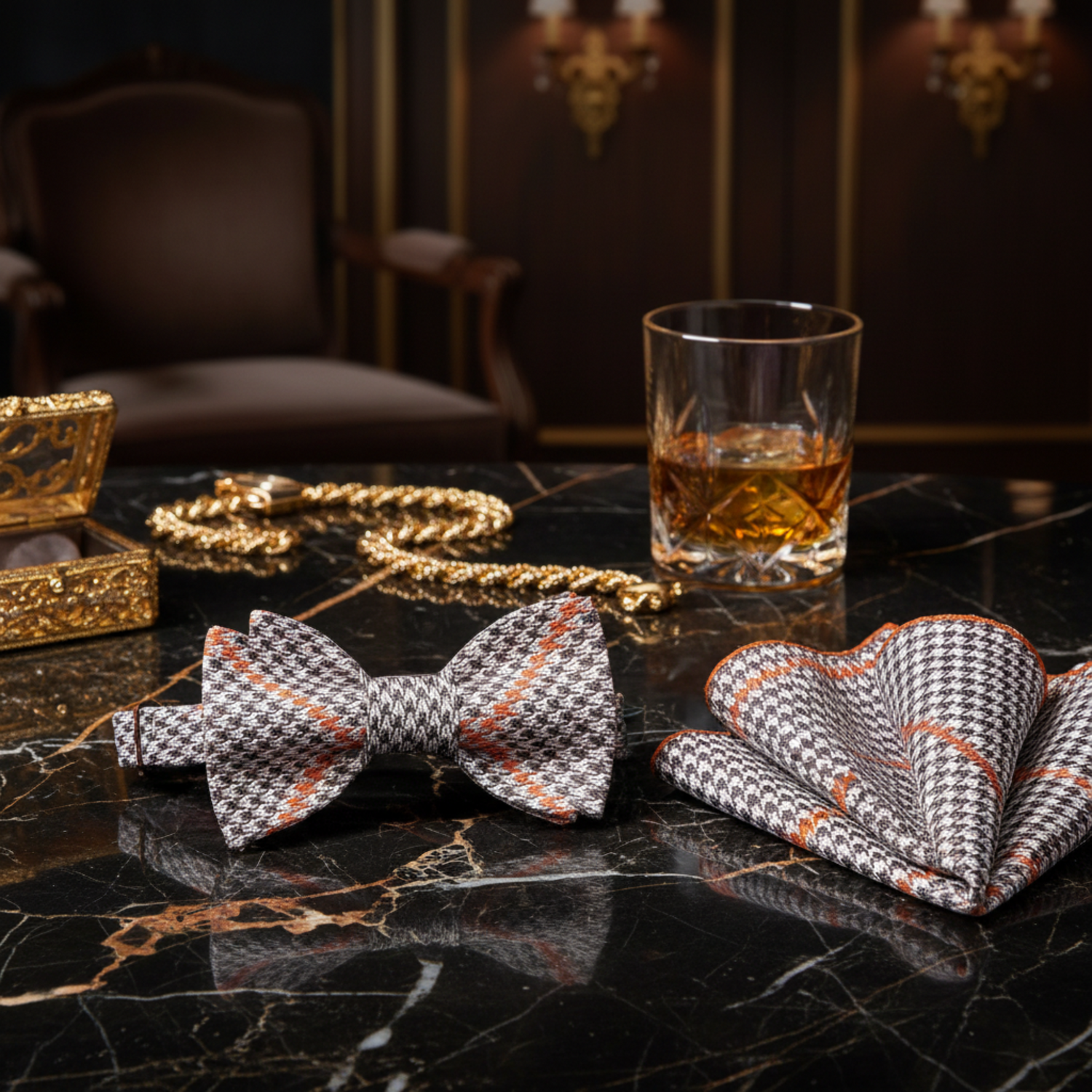 A Brown, Orange Geometric Check Pattern Silk Self Tie Bow Tie, Matching Pocket Square
