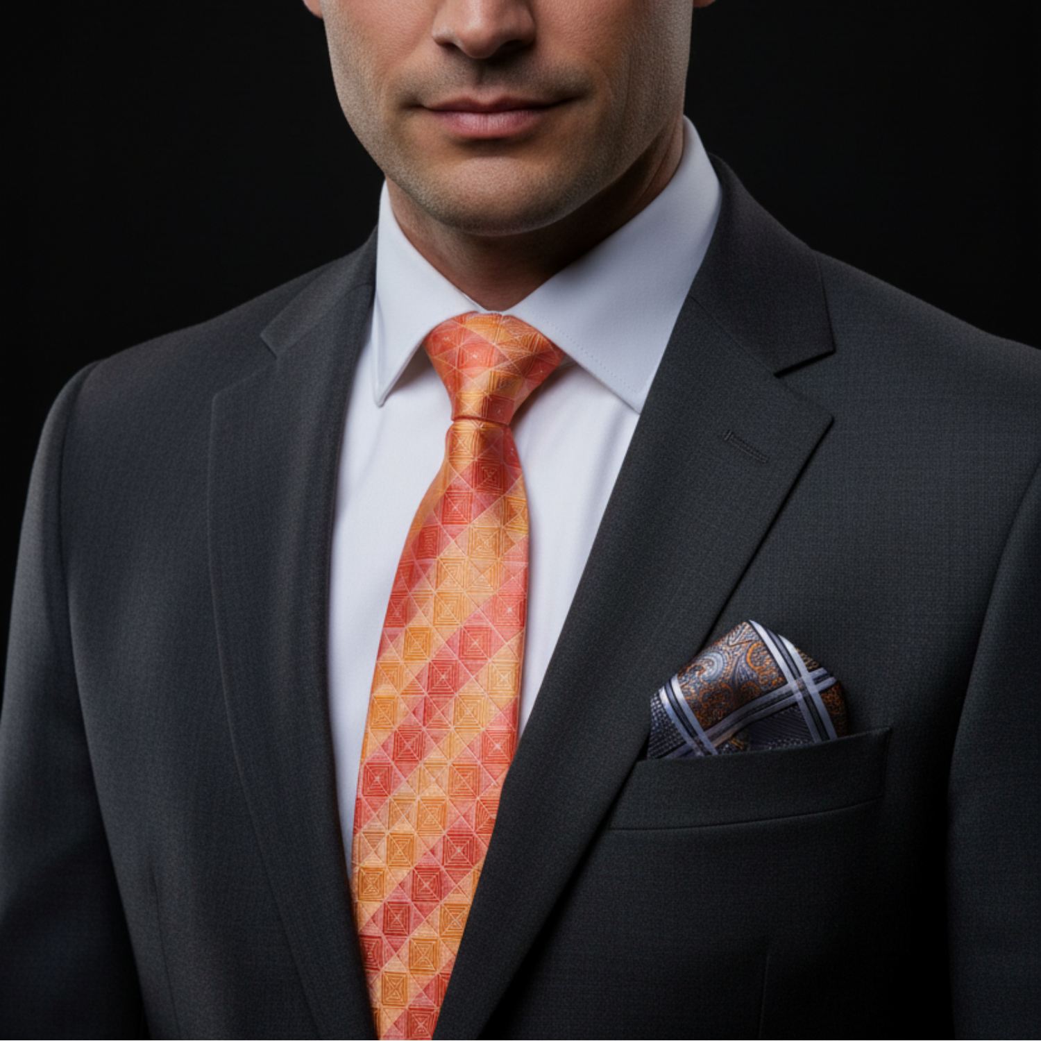Man wearing a dark suit with an orange patterned tie and matching pocket square on a black background