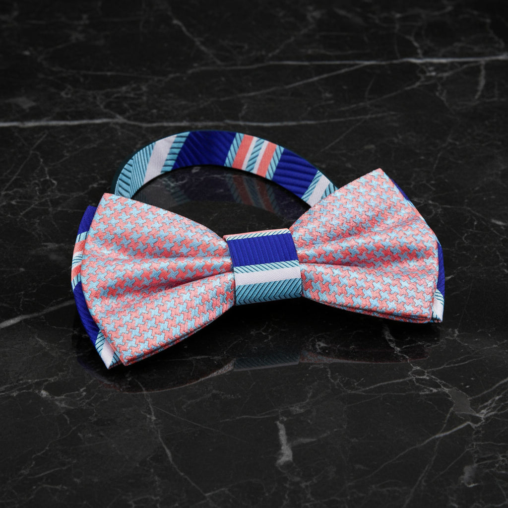 Orange, Blue Hounds Tooth and Stripe Bow Tie Pre Tied