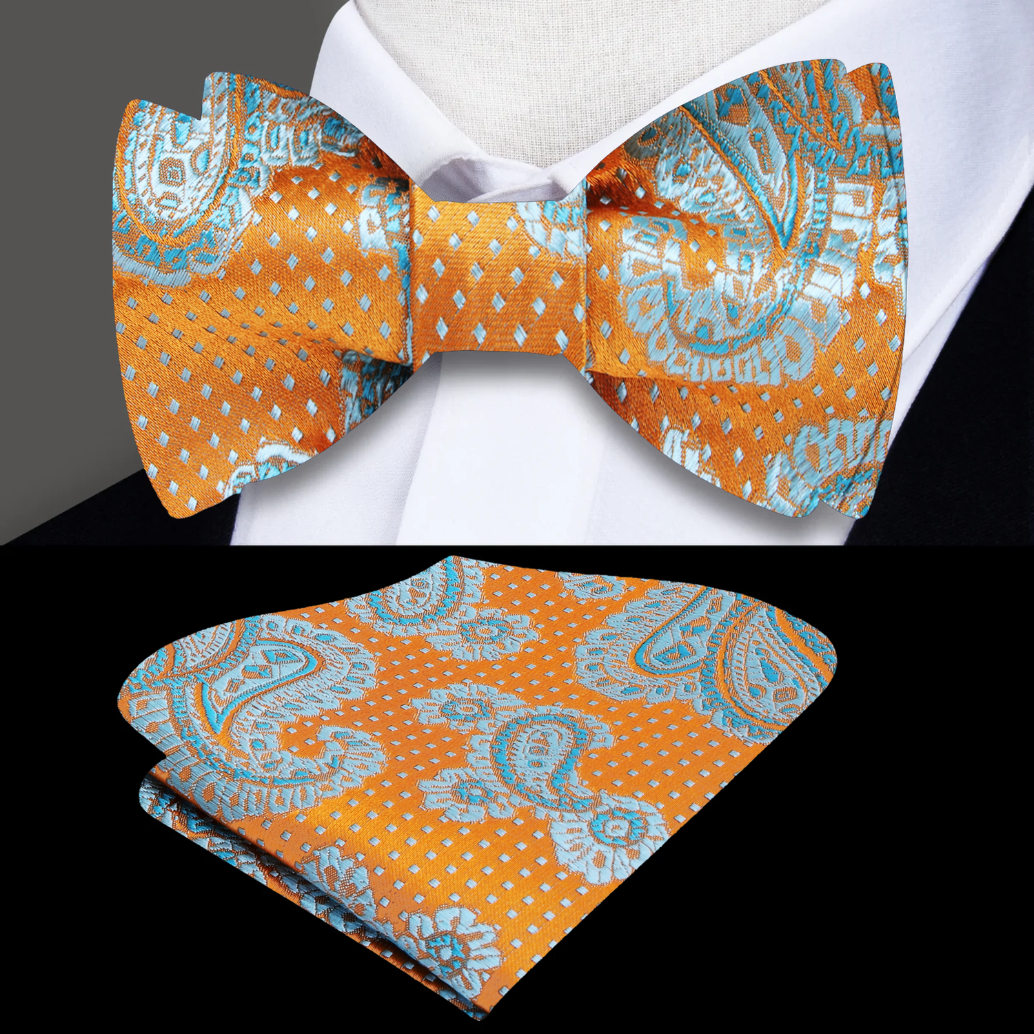A Light Orange and Ice Blue Paisley Pattern Self Tie Bow Tie, Matching Pocket Square
