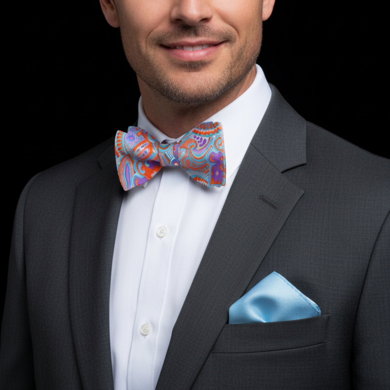 A Purple, Orange, Light Blue Abstract Designs With Paisley Self Tie Bow Tie, Light Blue Pocket Square