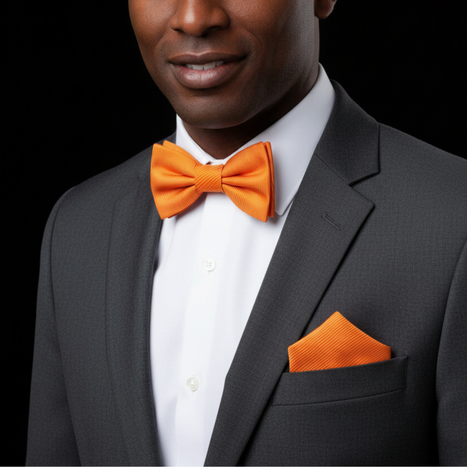 man wearing orange bow tie and square on suit