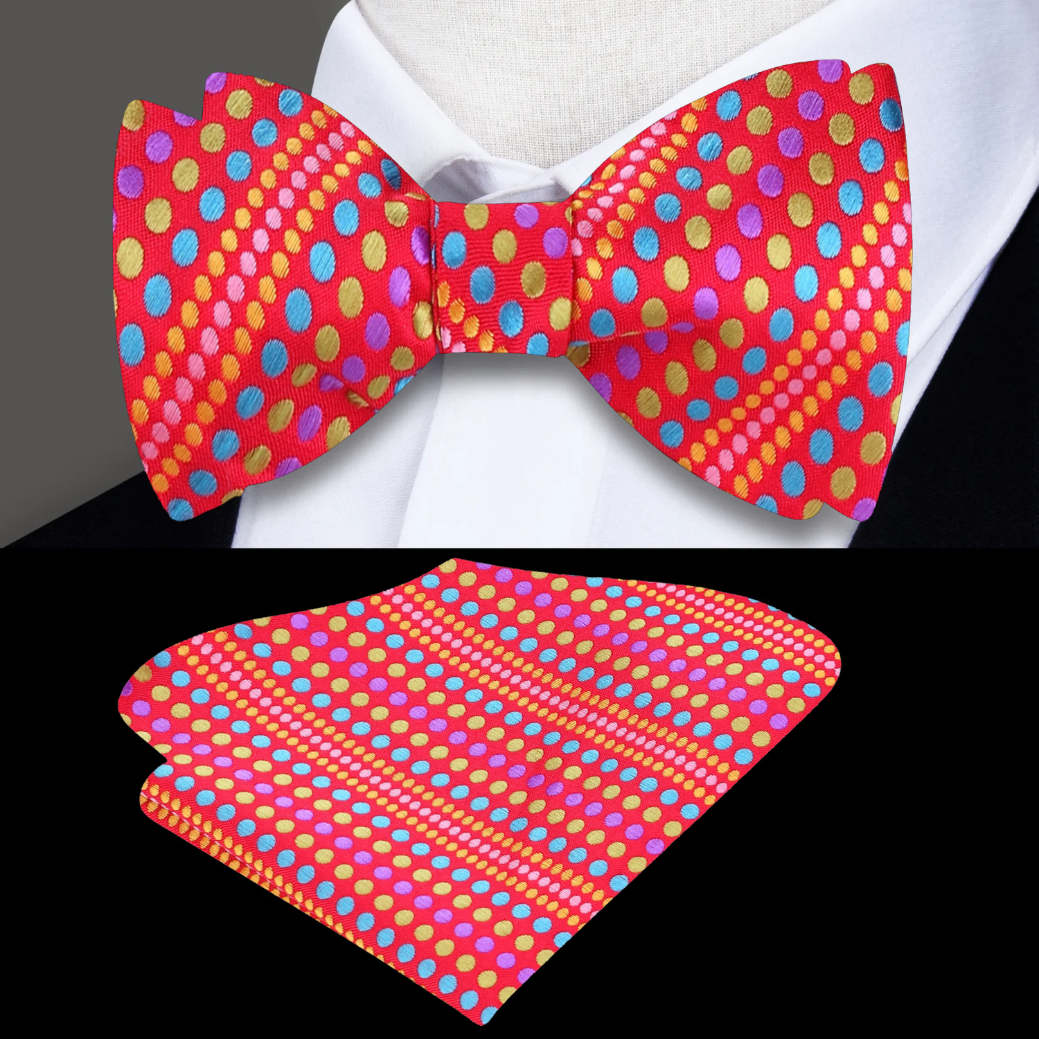 Reddish Orange with Multi Color Dots Bow Tie and Square