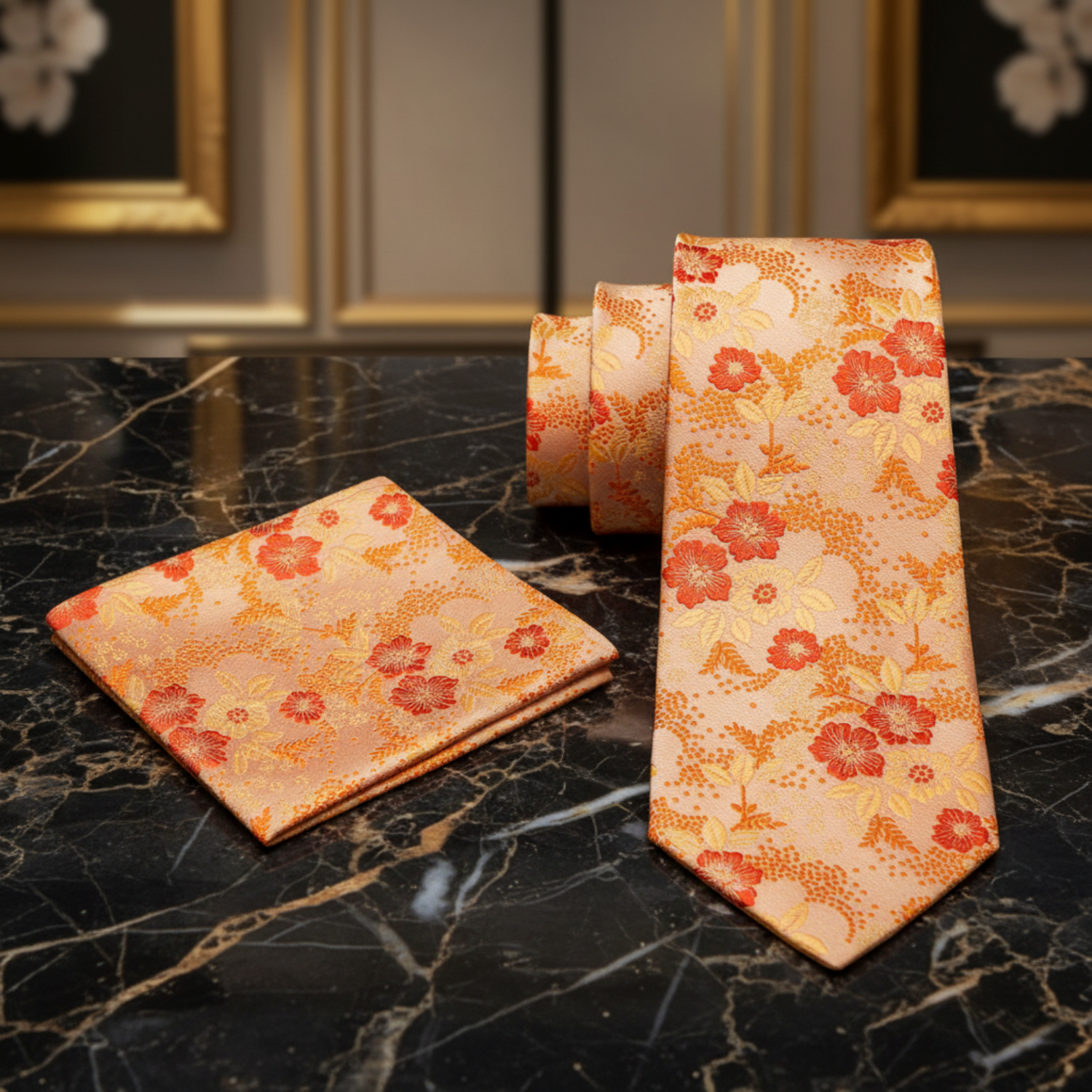 Alt Shades of Orange Floral Necktie and Matching Square