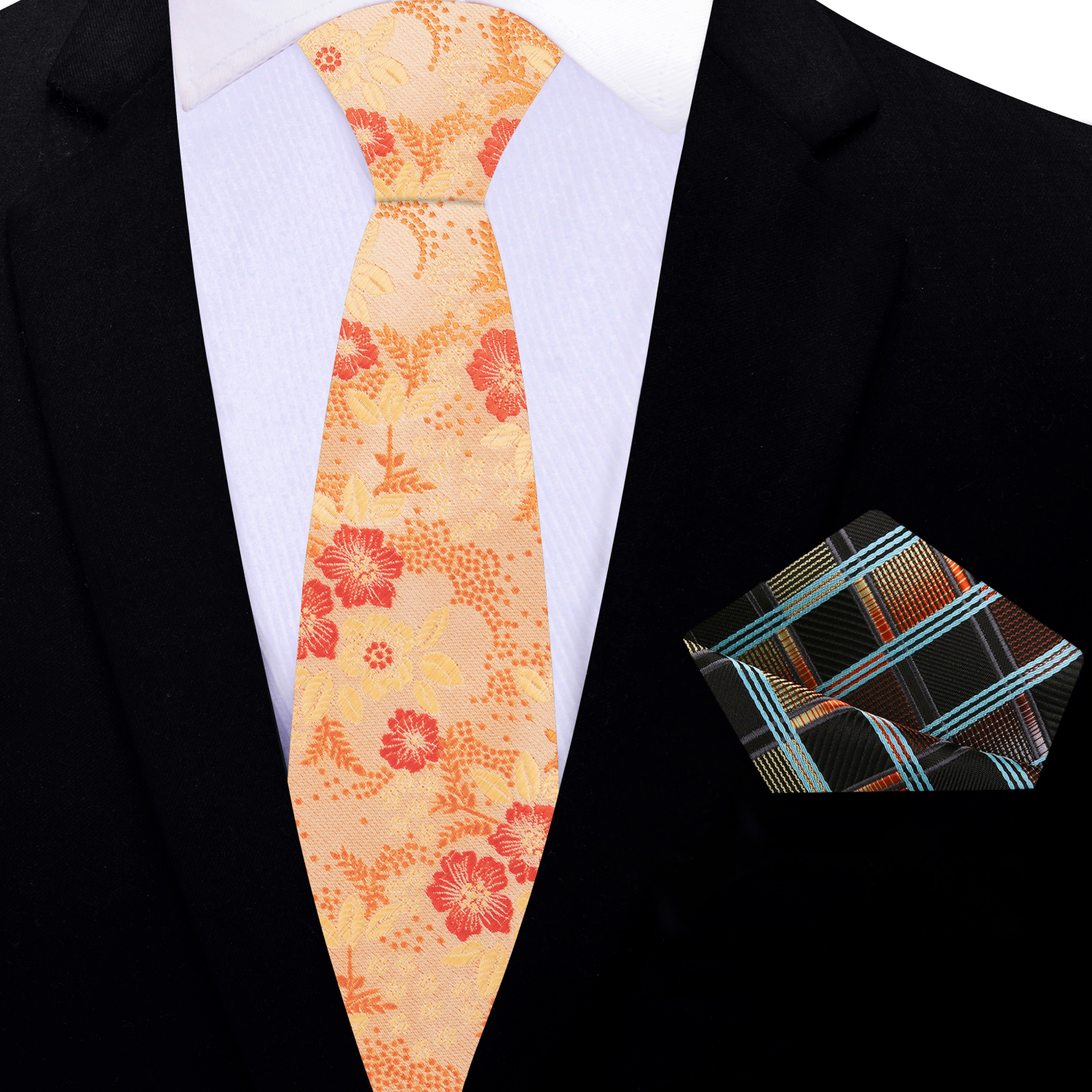 Thin Shades of Orange Floral Necktie and Accenting Square