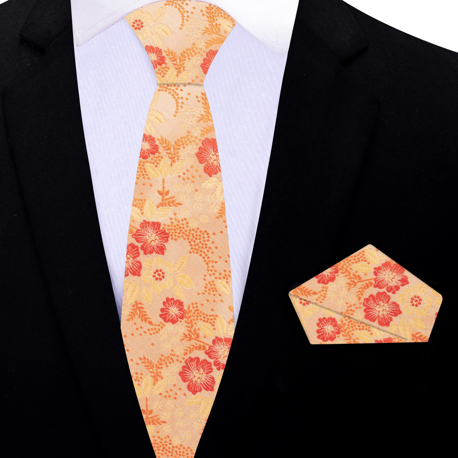 Thin Shades of Orange Floral Necktie and Matching Square