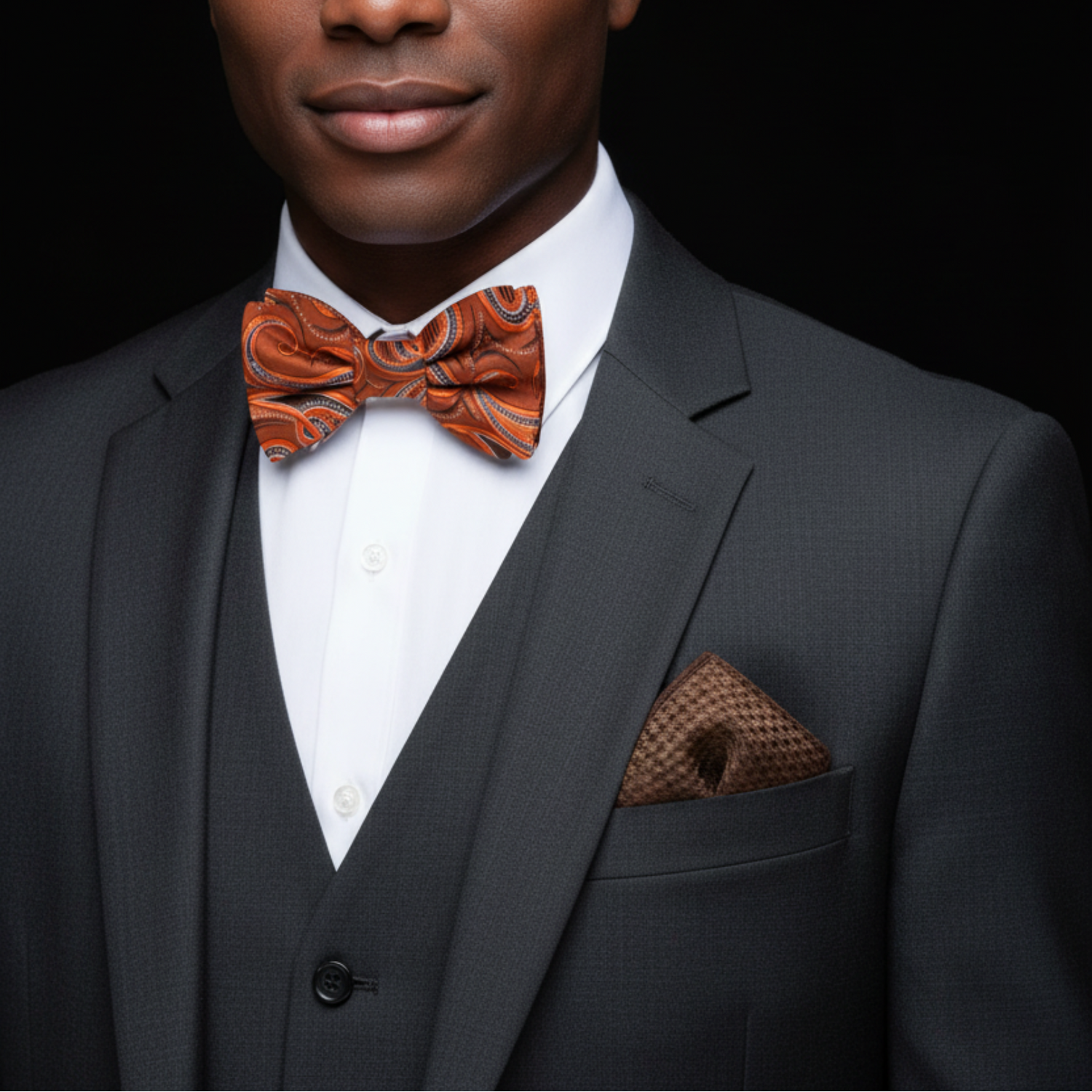 Man wearing a gray suit with a red patterned bow tie and pocket square on a black background