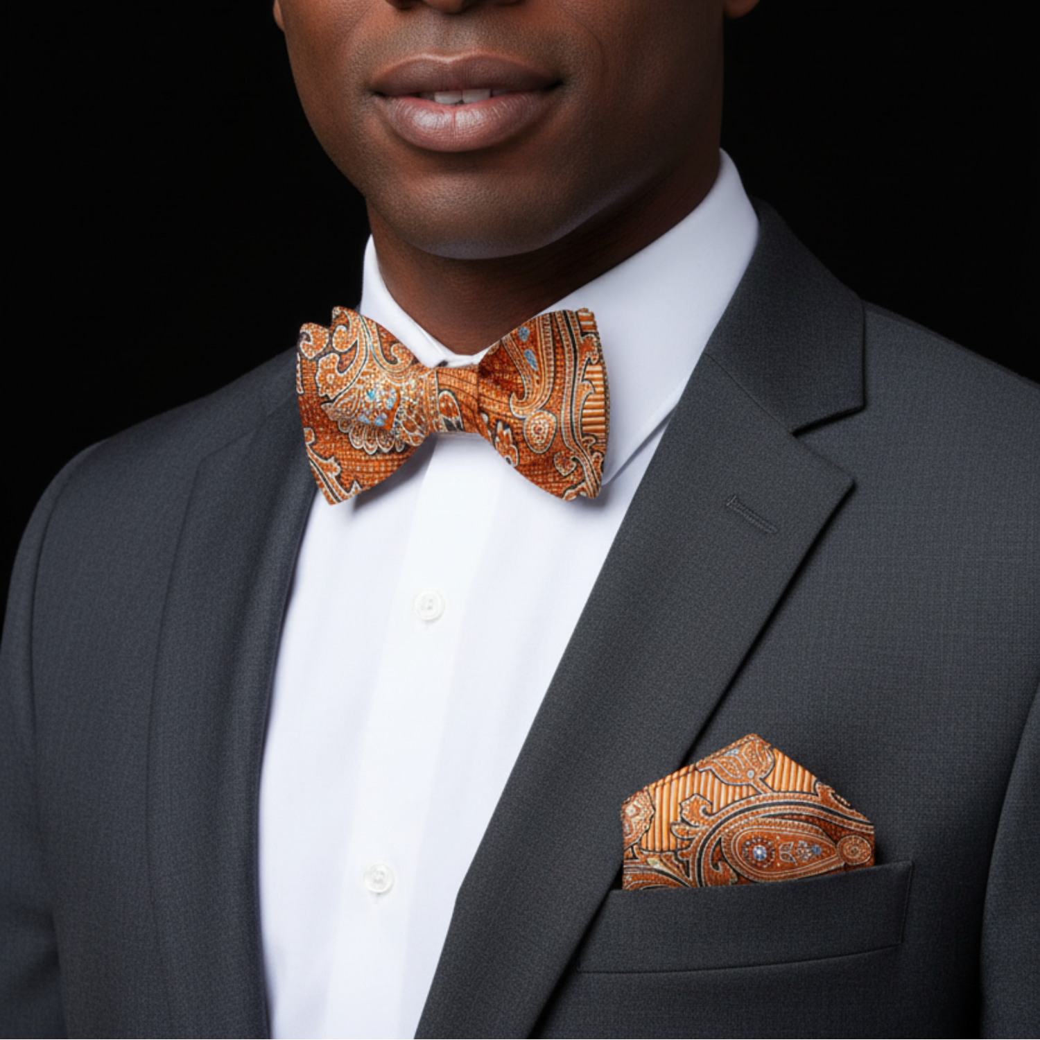 Man wearing a gray suit with a patterned bow tie and pocket square on a black background