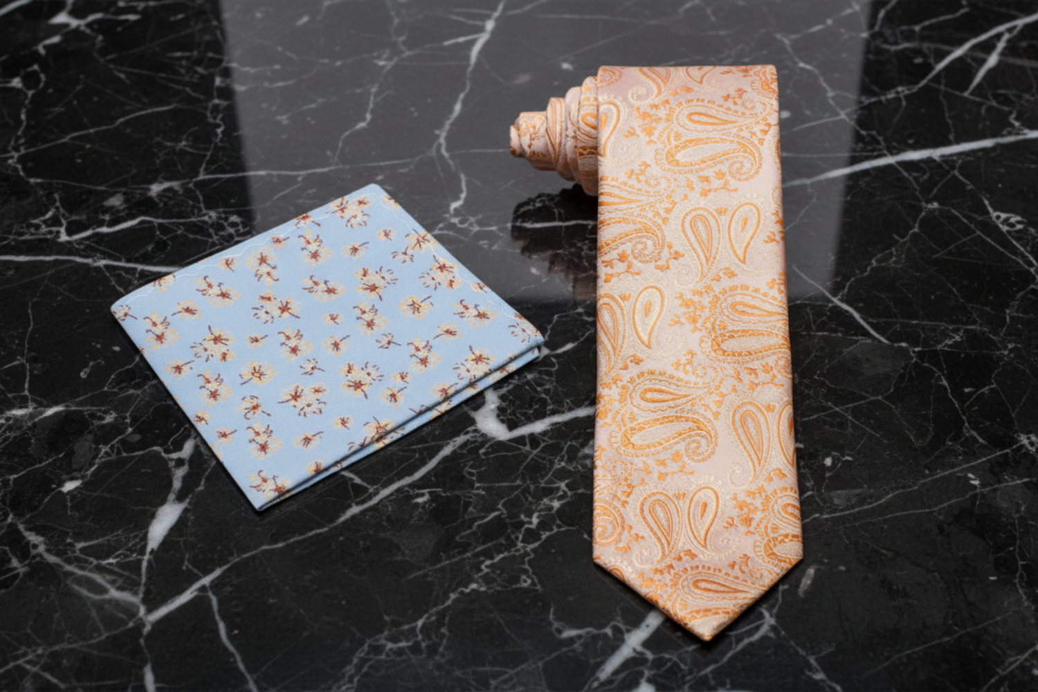 Alt Coral Paisley Tie and Accenting Floral Square