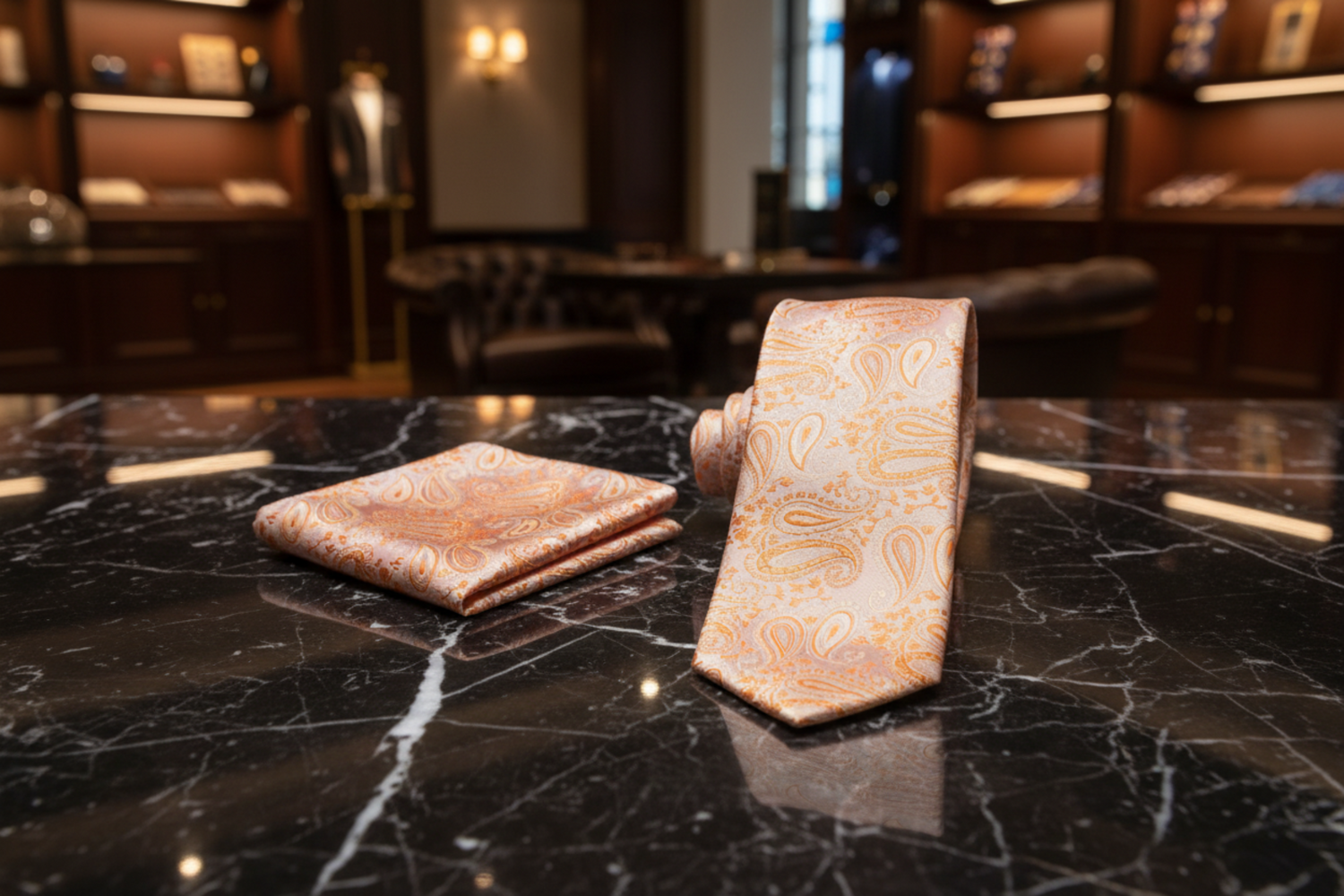 Coral Paisley Tie and Matching Square