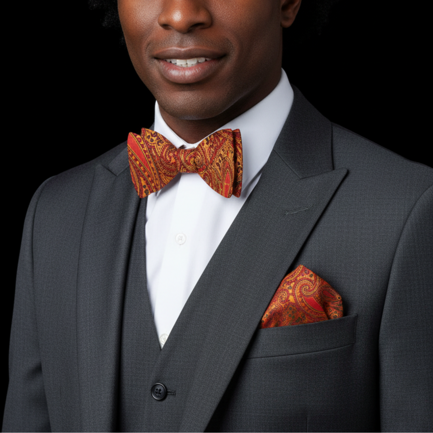 Orange and Copper Paisley bow tie and square on man