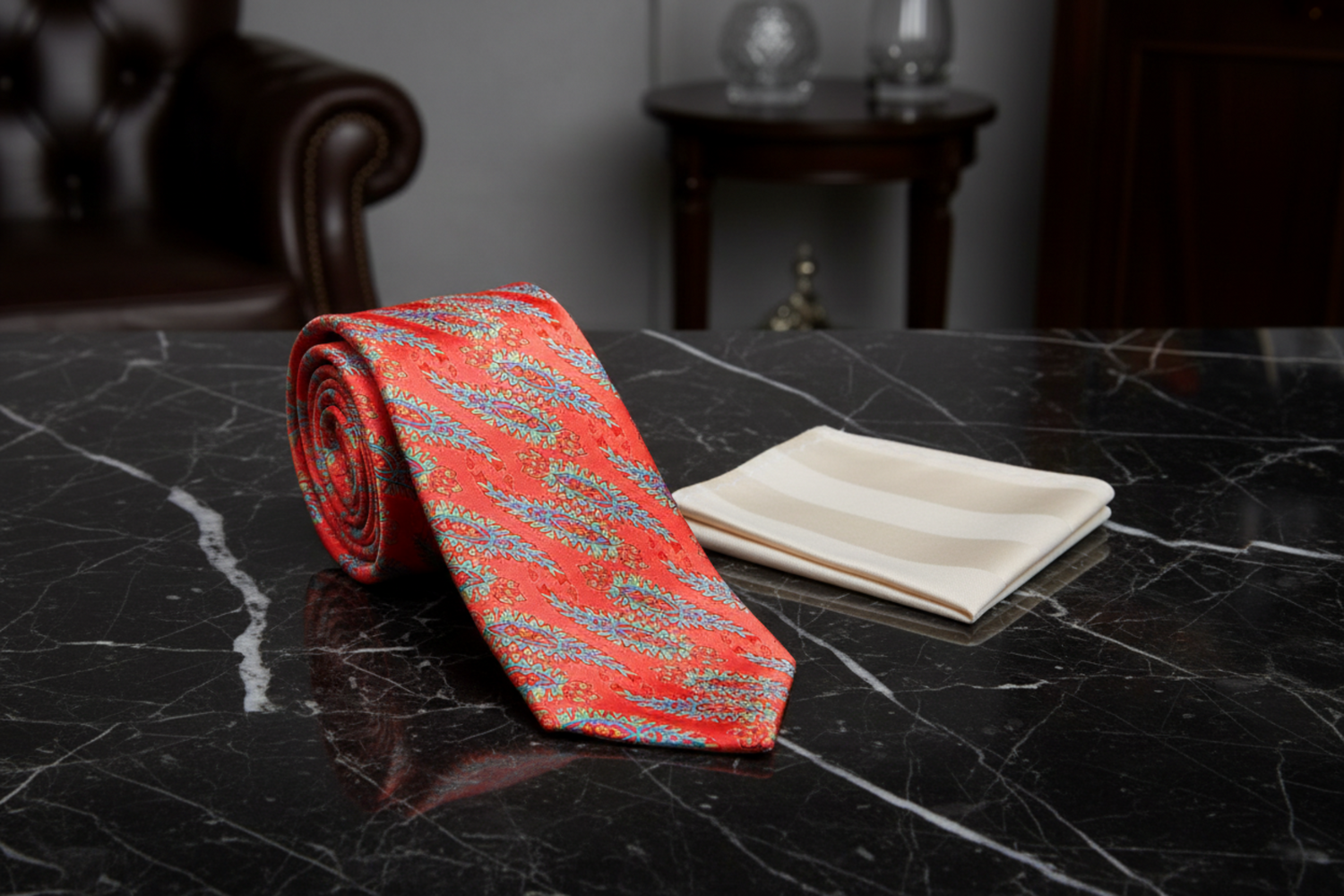 Orange Paisley Necktie with Blue & Green Accents