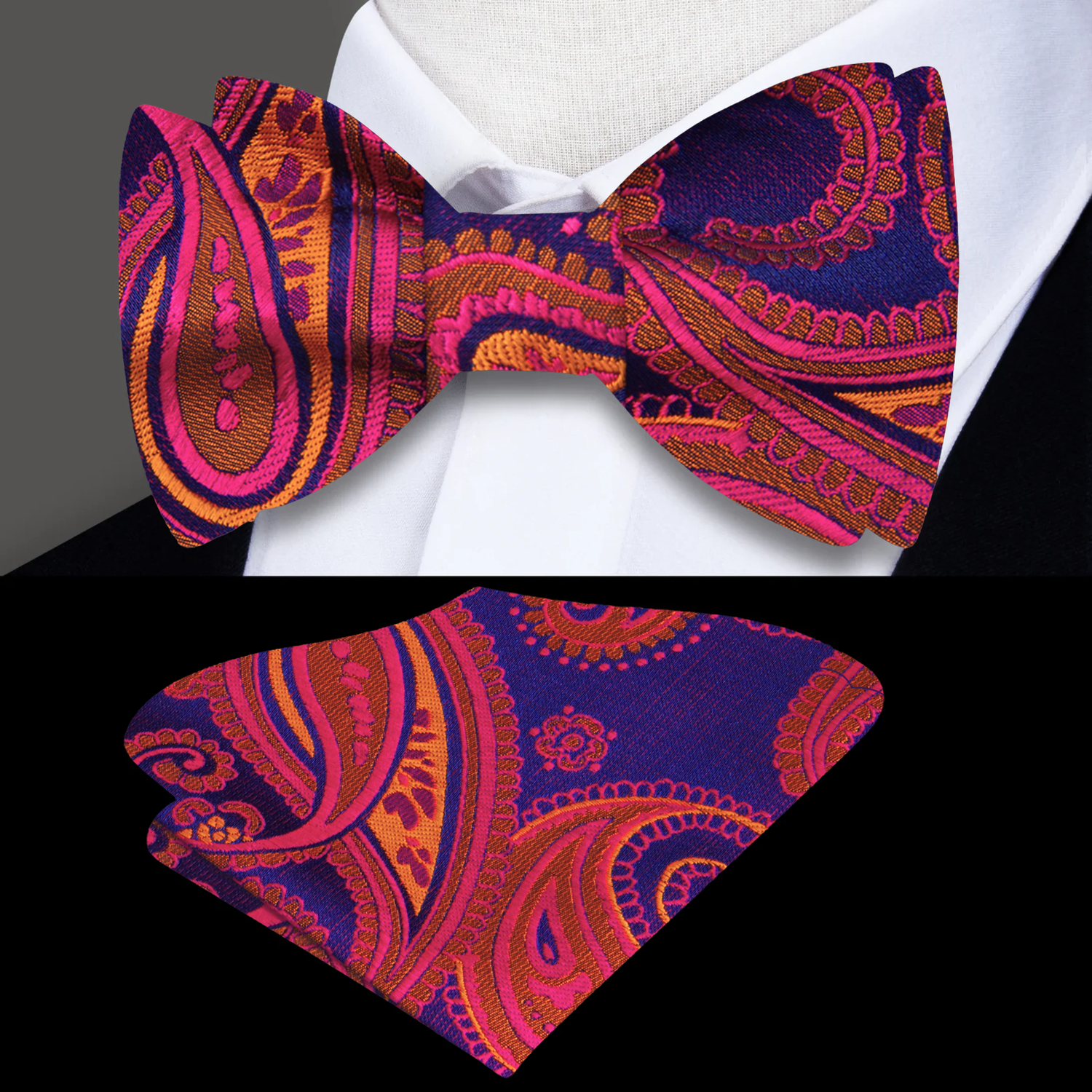 Ruby and Orange Paisley Bow Tie and Square
