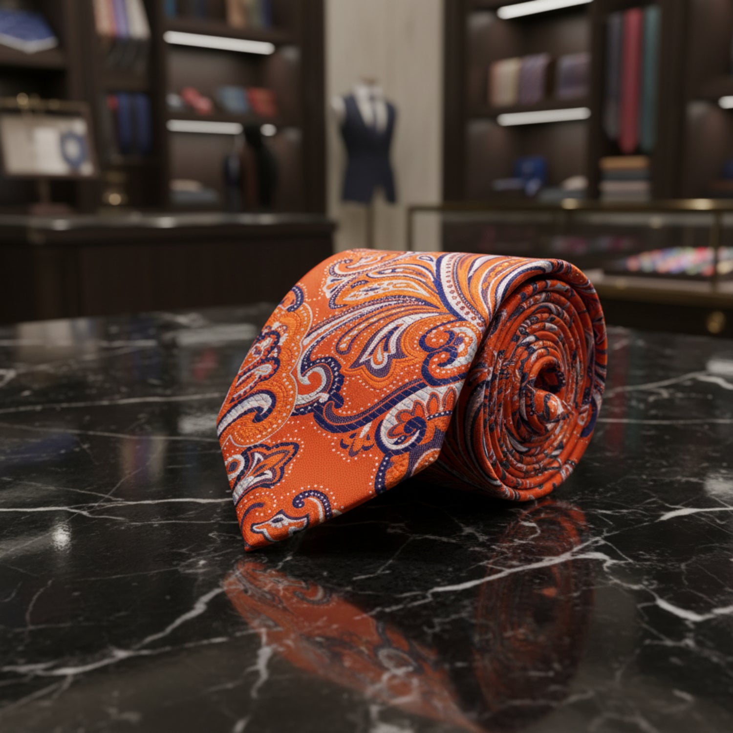 Boys Orange Navy Paisley Necktie for Weddings & Formal Outfits