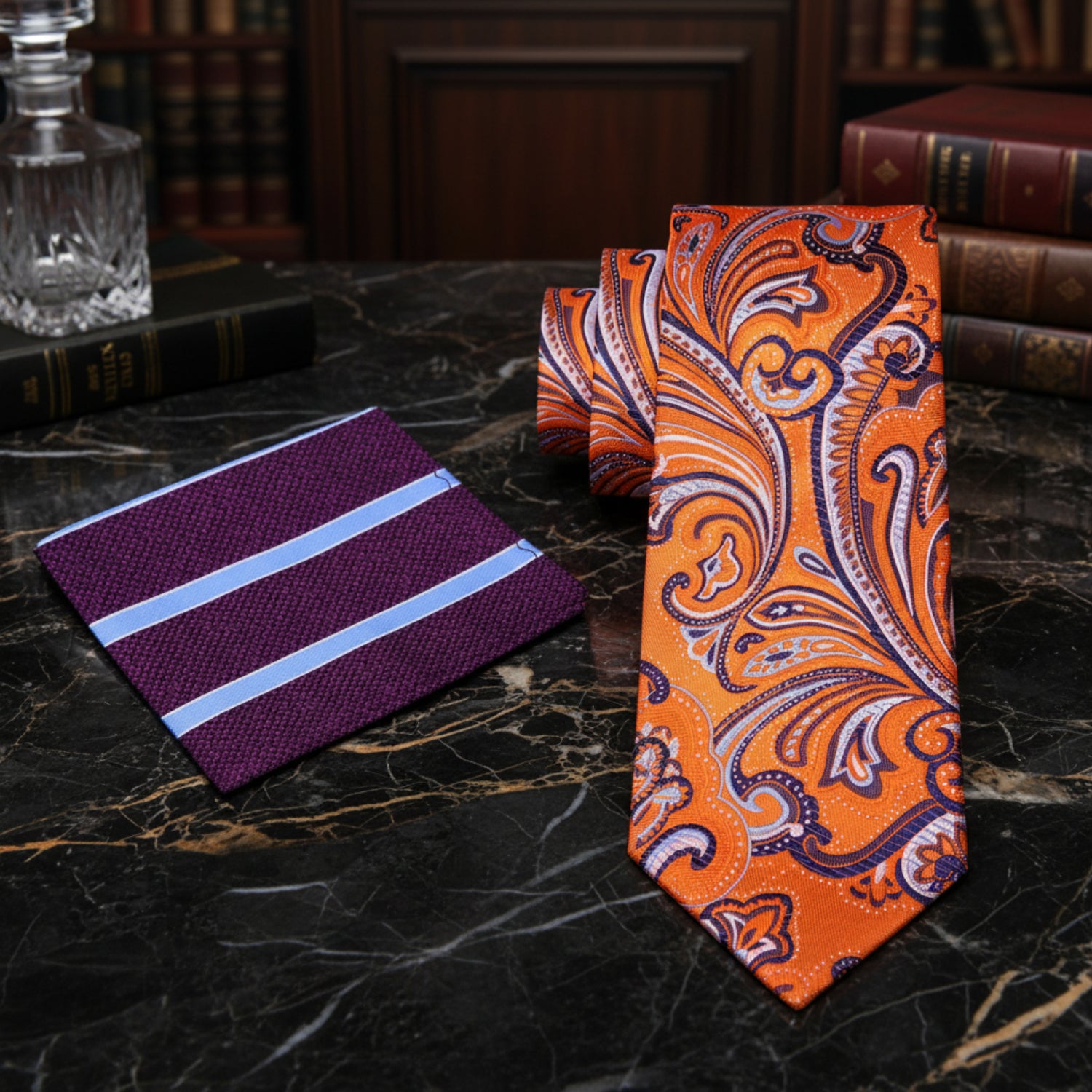 Alt View: Orange, Purple, White Paisley Necktie and Purple, Light Blue Stripe Pocket Square