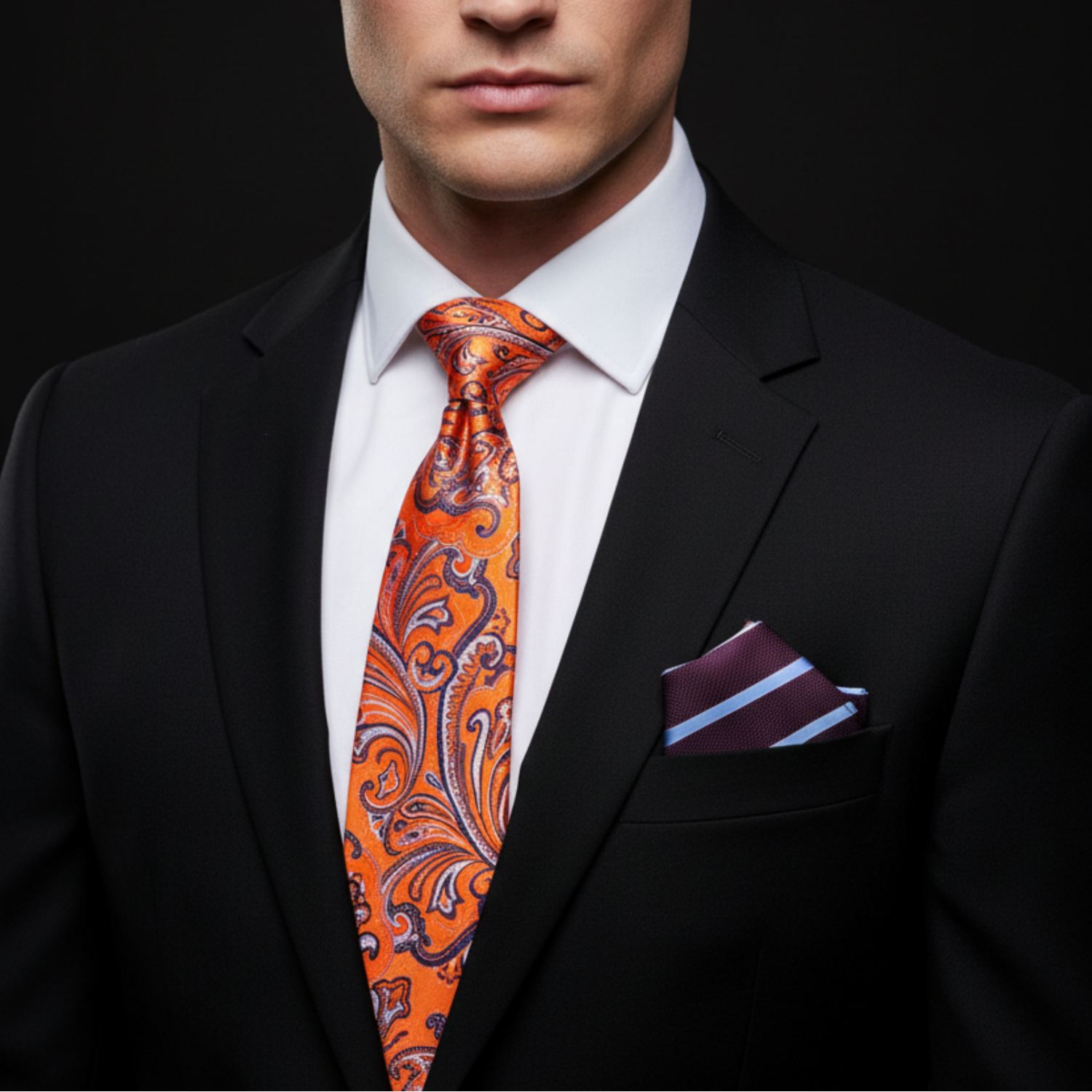Man wearing a black suit with an orange paisley tie and white shirt against a dark background