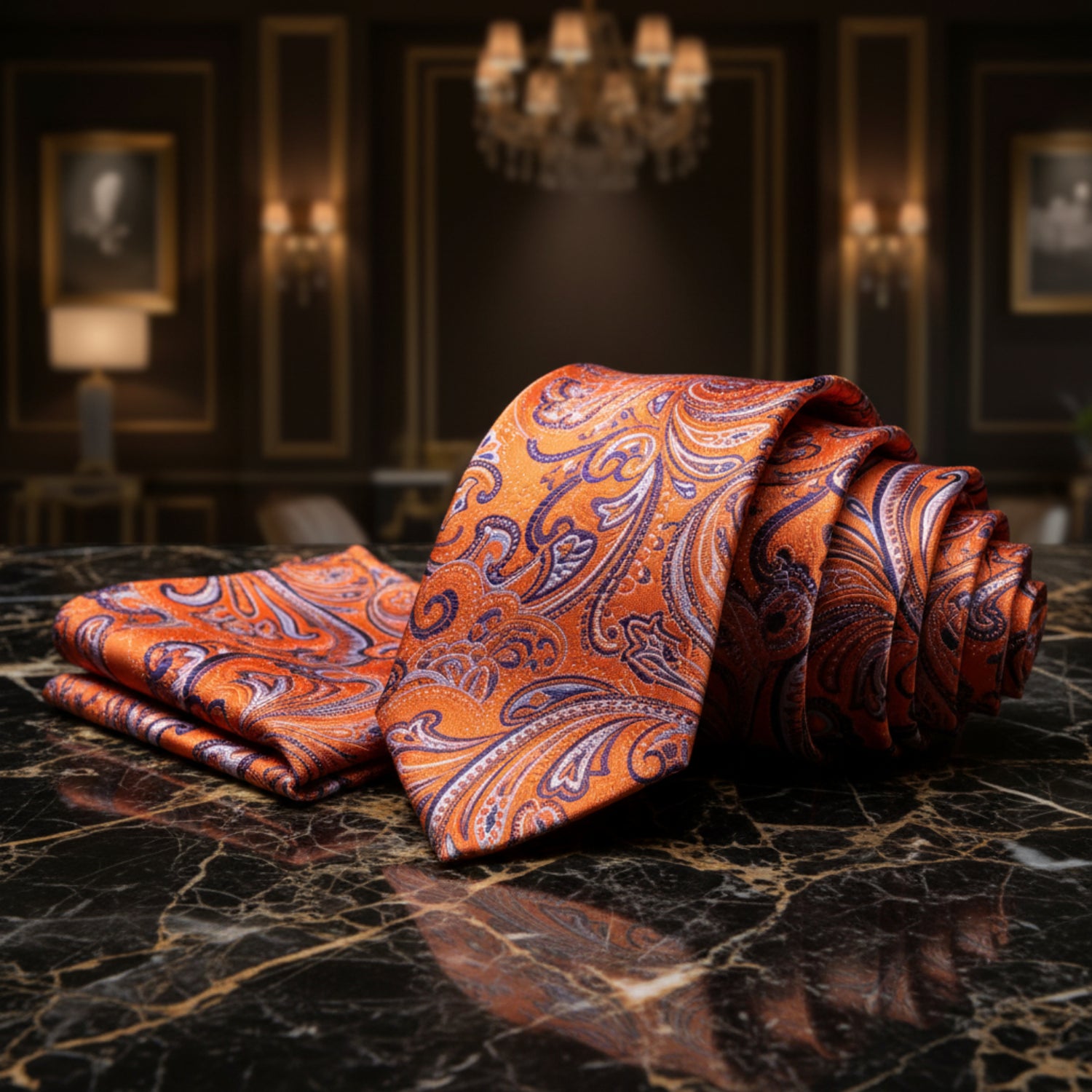 Alt View: Orange, Purple, White Paisley Necktie and Matching Pocket Square