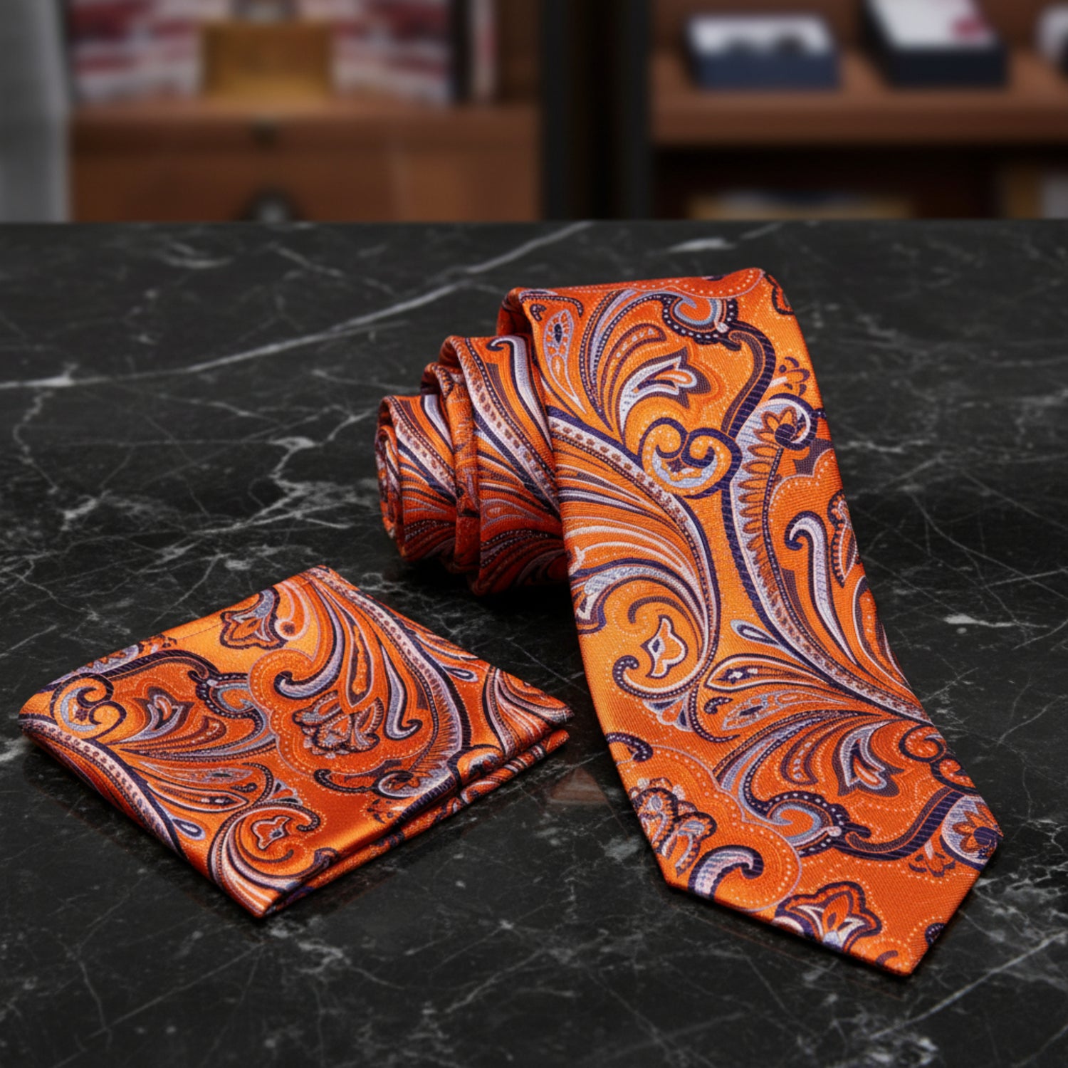 Boys Orange Navy Paisley Necktie for Weddings & Formal Outfits