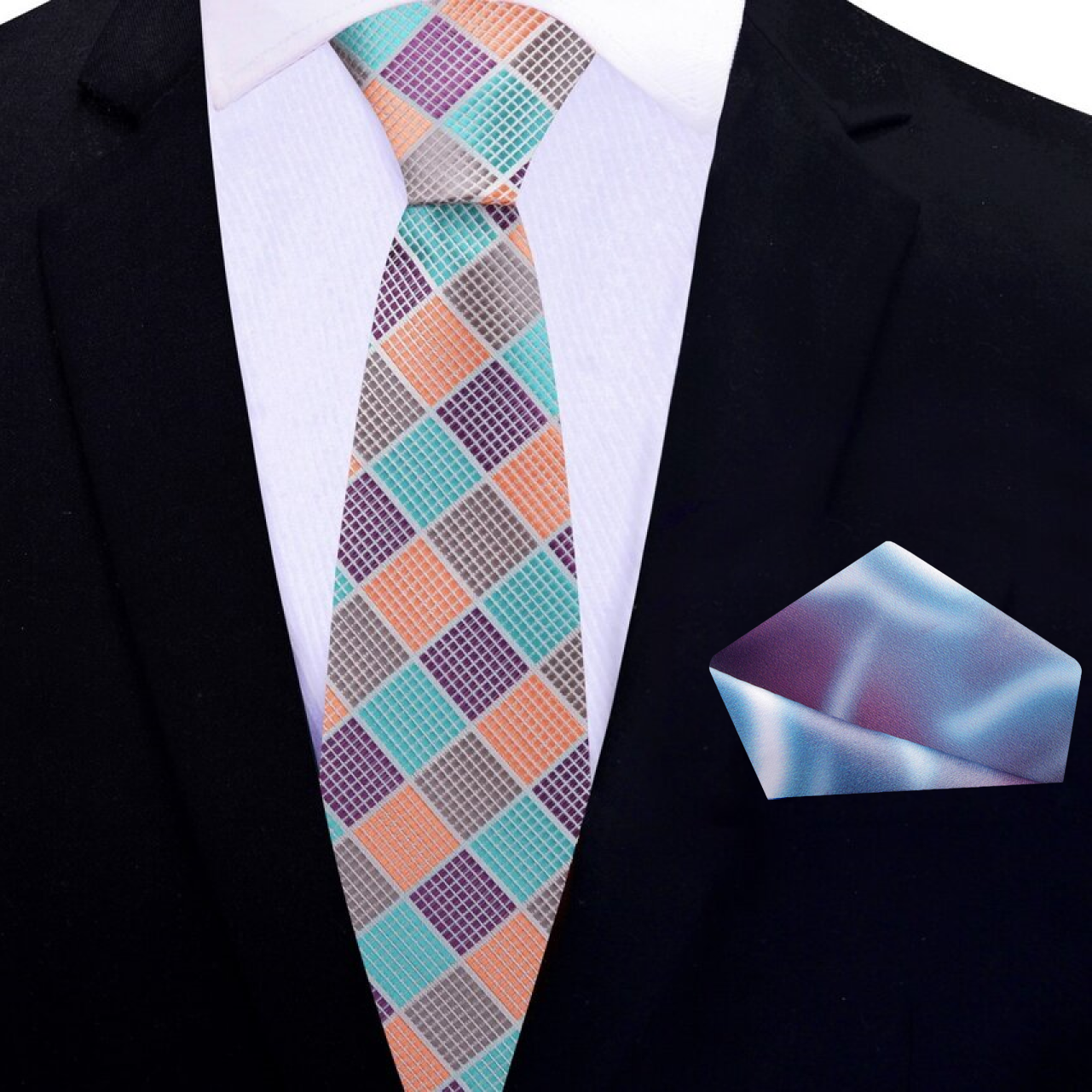 Thin Teal, Orange, Purple Diamonds Tie and Accenting Square
