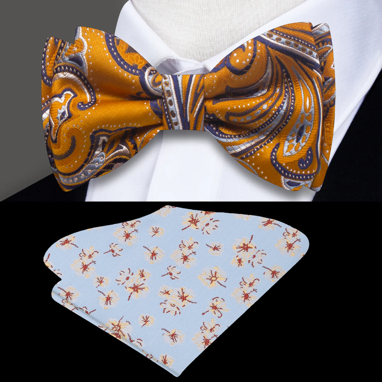 Orange Purple White All In Paisley Bow Tie and Accenting Square