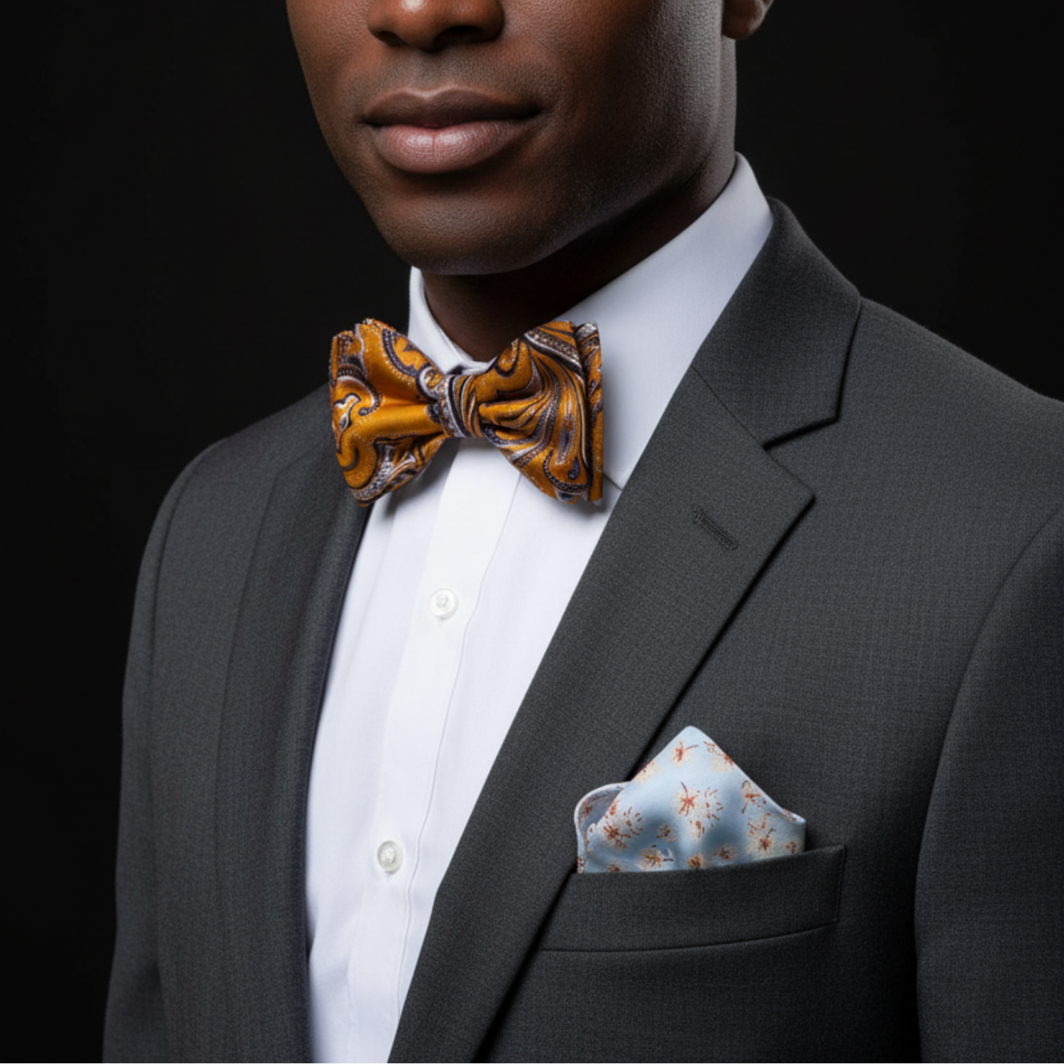 man wearing orange paisley bow tie and accenting blue square on suit