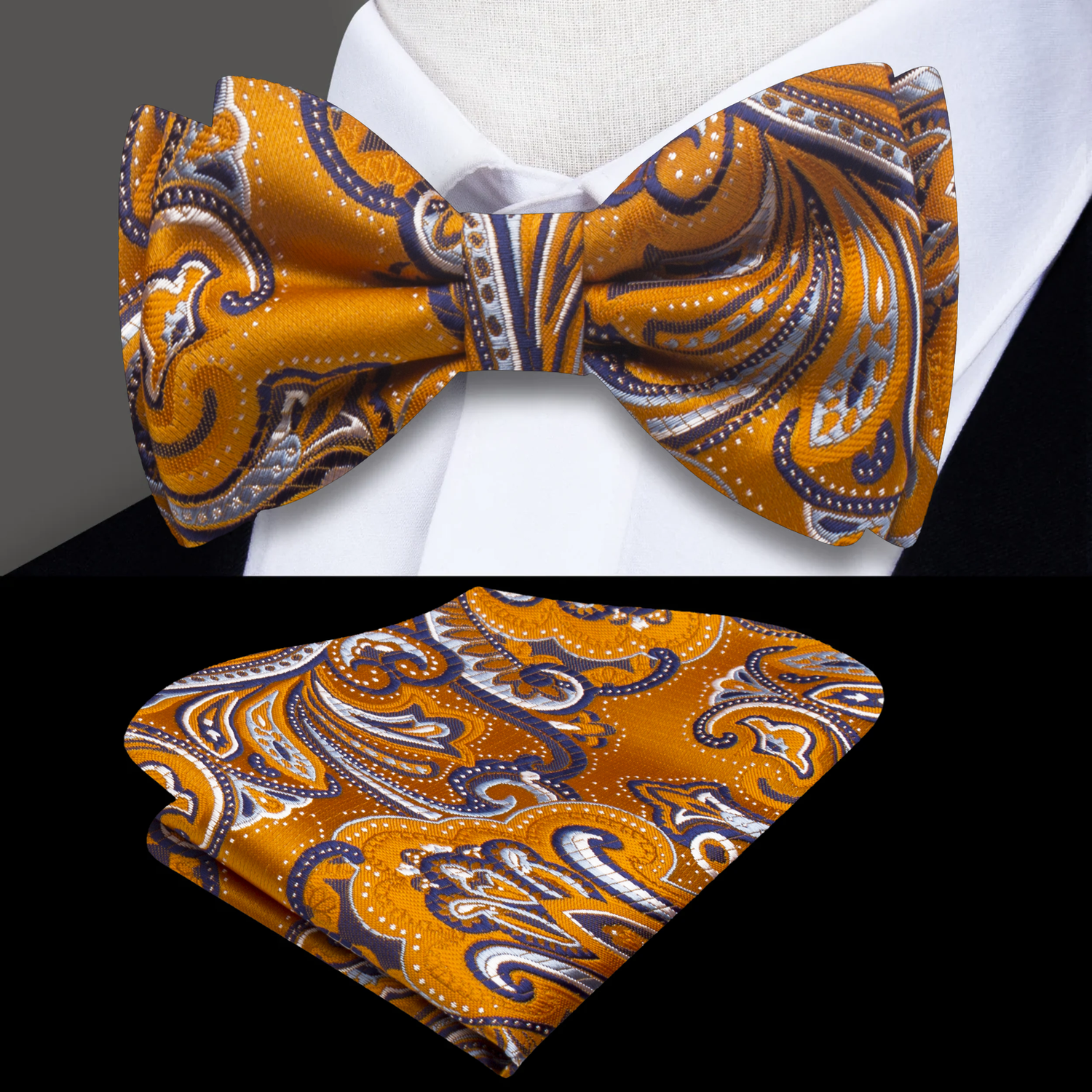 Orange Purple White All In Paisley Bow Tie and Square