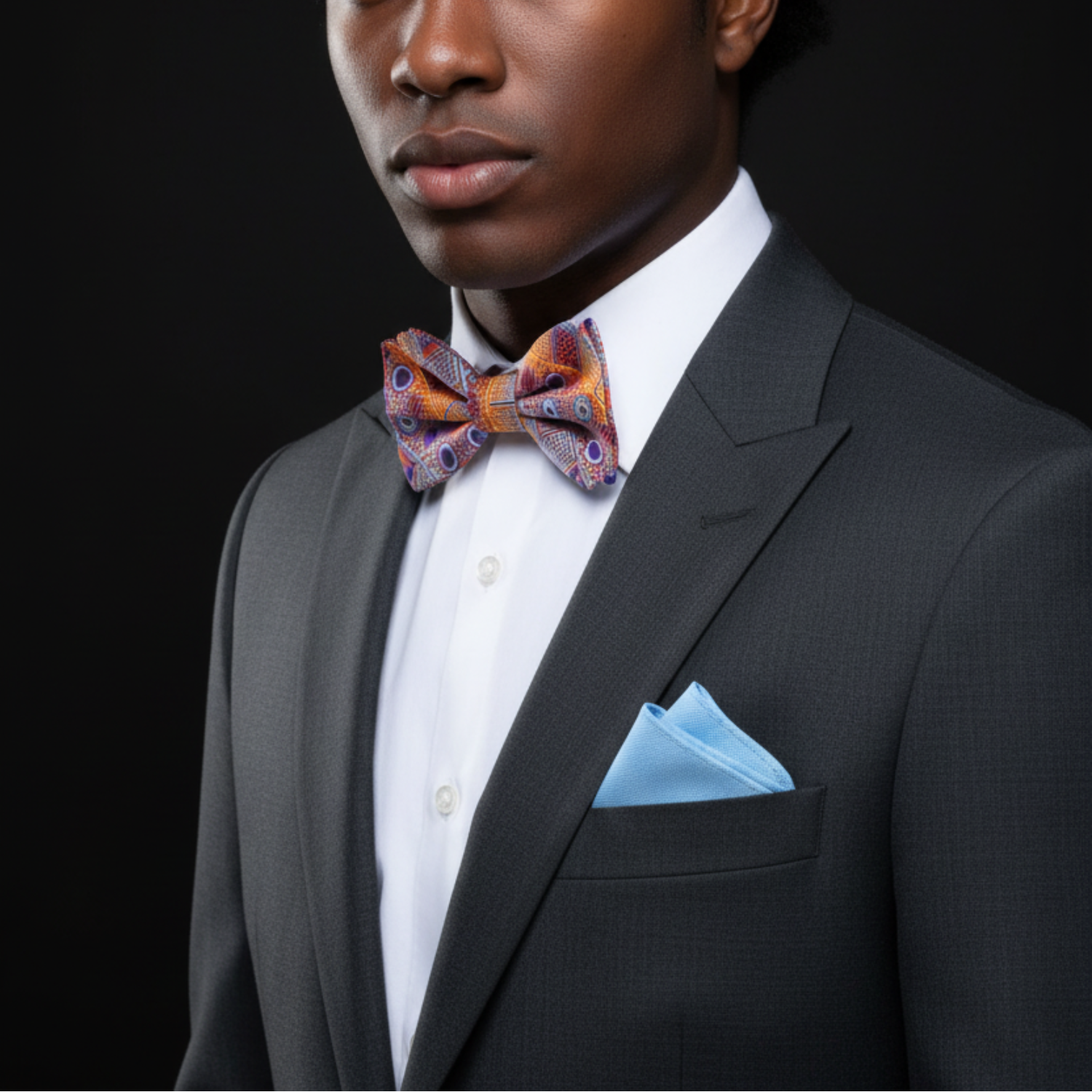 Man wearing a black suit with a colorful bow tie and light blue handkerchief on a black background