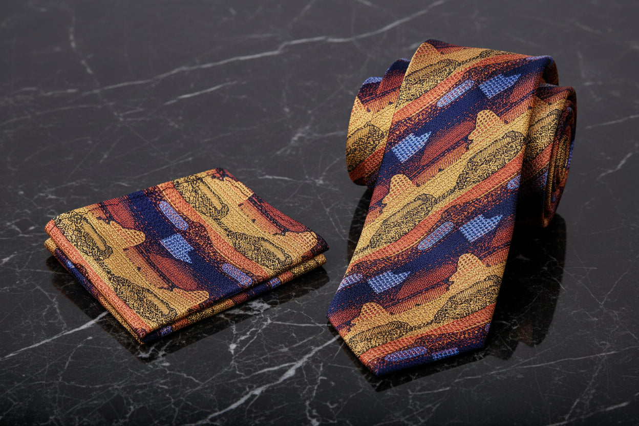 Alt View: Orange, Blue Abstract Tie and Matching Square