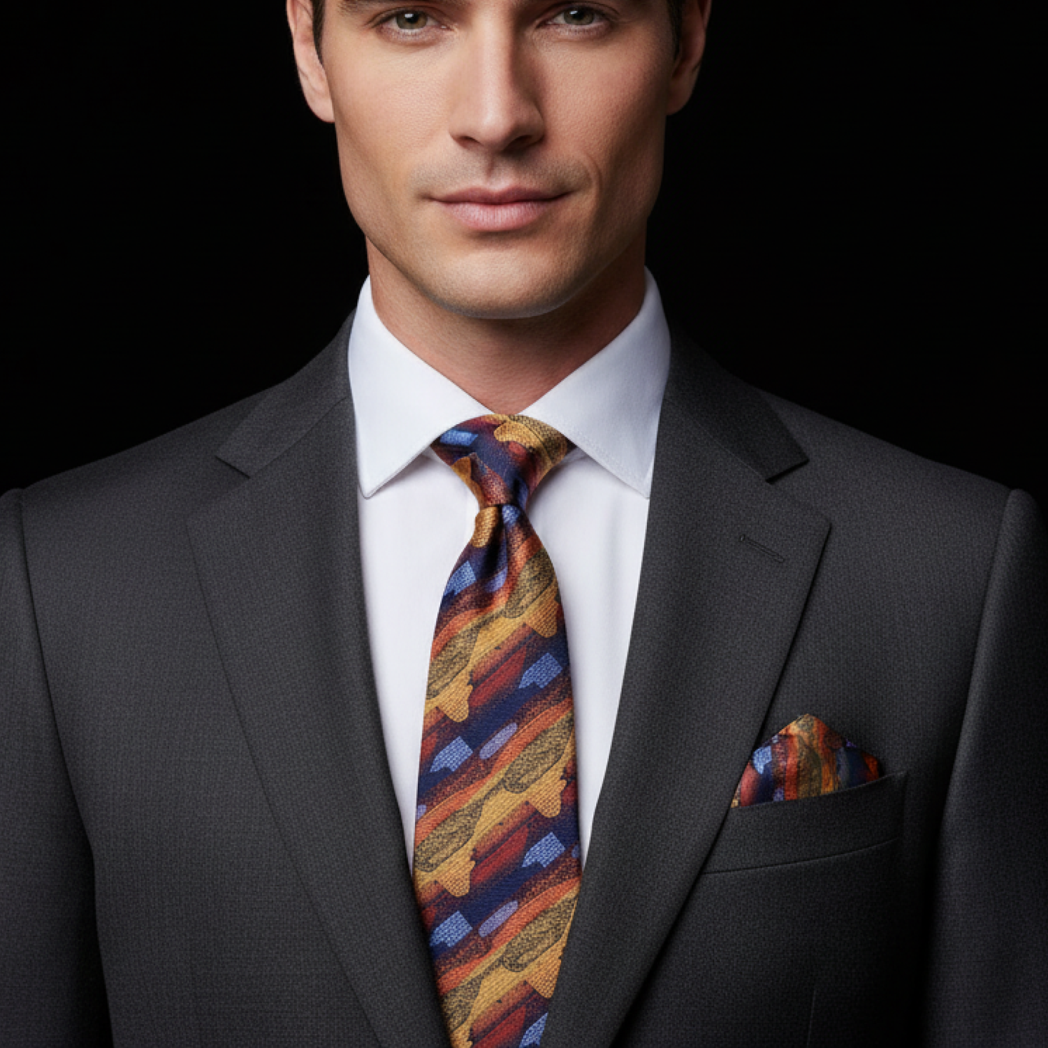 Man wearing a gray suit with a colorful tie and pocket square against a black background
