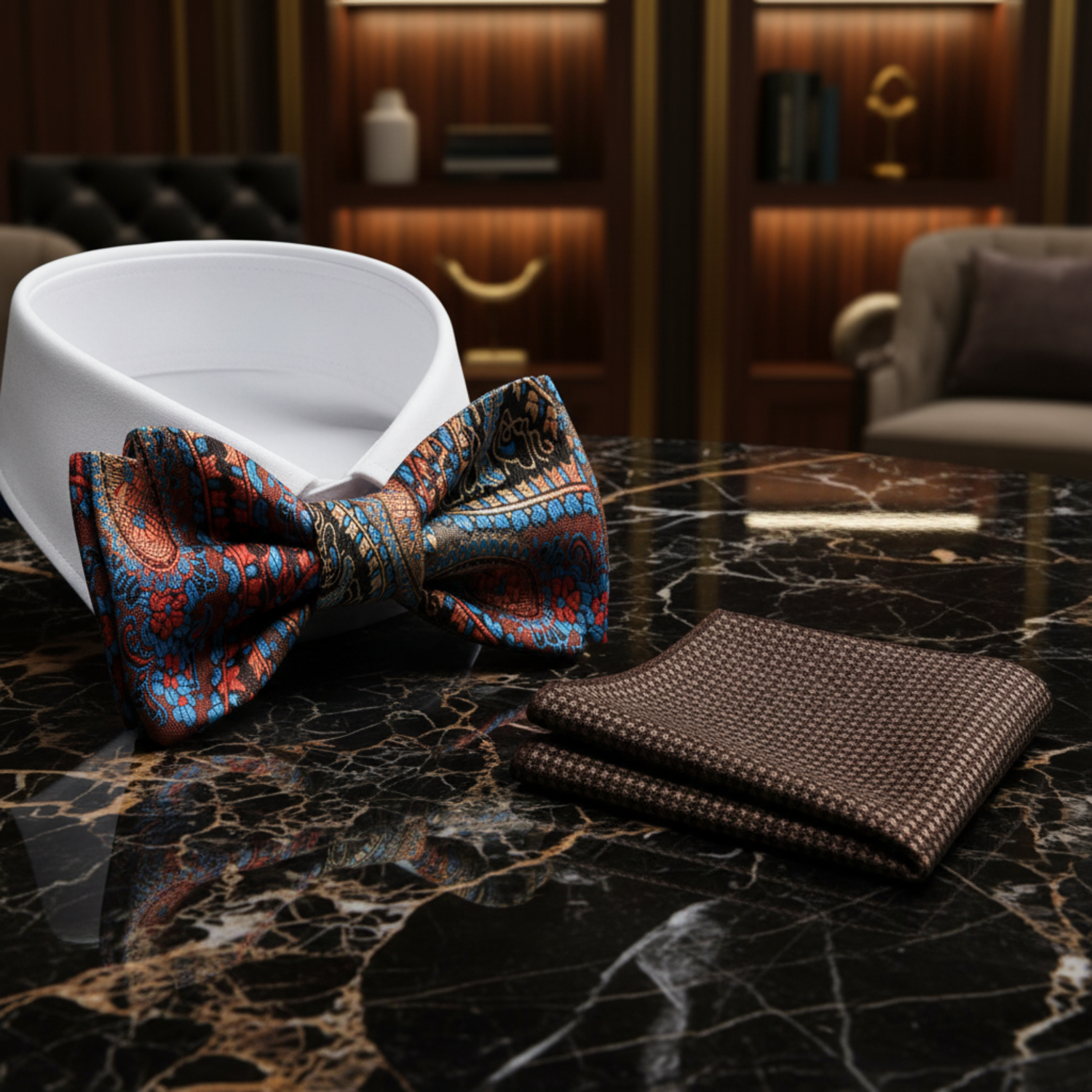 Brown, Red, Orange, Light Blue Paisley Bow Tie and Brown Square 