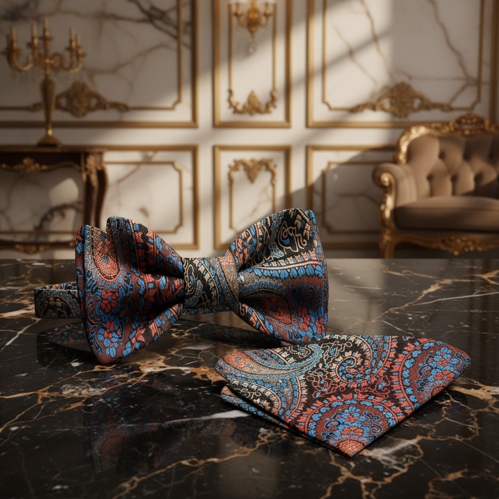 Brown, Red, Orange, Light Blue Paisley Bow Tie and Matching Square 