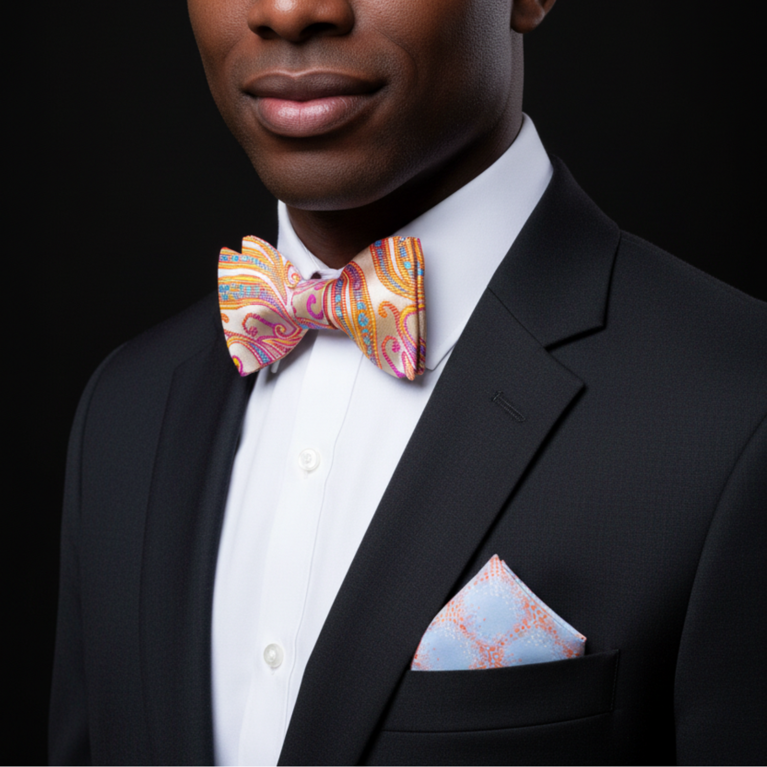 Man wearing a black suit with a colorful bow tie and matching pocket square on a black background