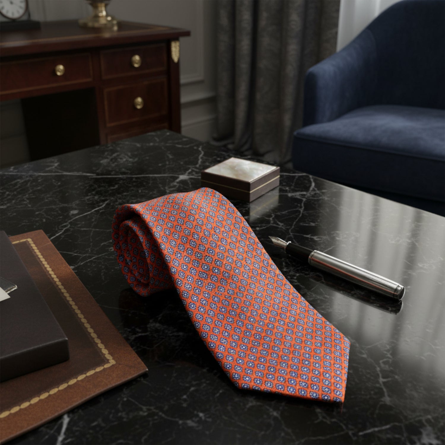 Alt View: A Necktie that is sunfire coral with a small medallion pattern